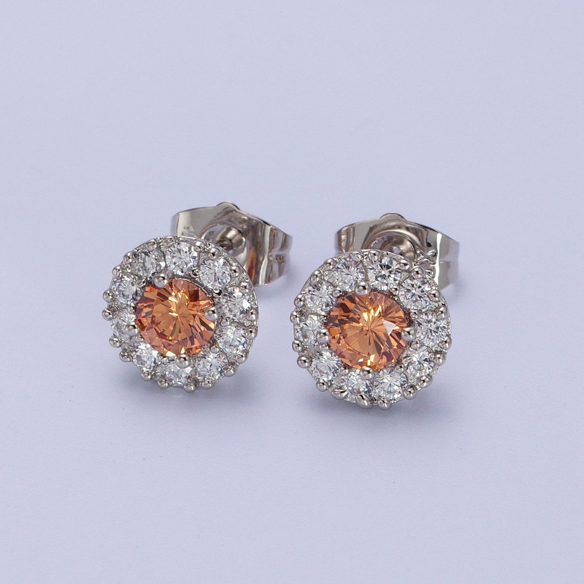 White Gold Filled Pink, Clear, Orange CZ 10mm Round Stud Earrings | V-007 Y-289 Y-290 - DLUXCA