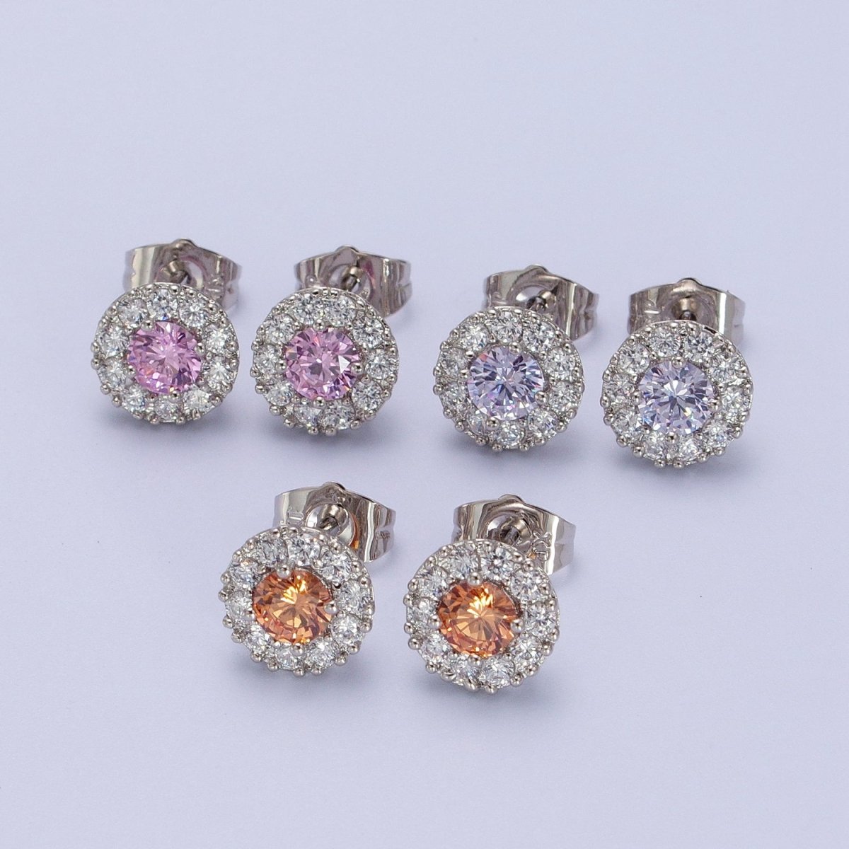 White Gold Filled Pink, Clear, Orange CZ 10mm Round Stud Earrings | V-007 Y-289 Y-290 - DLUXCA