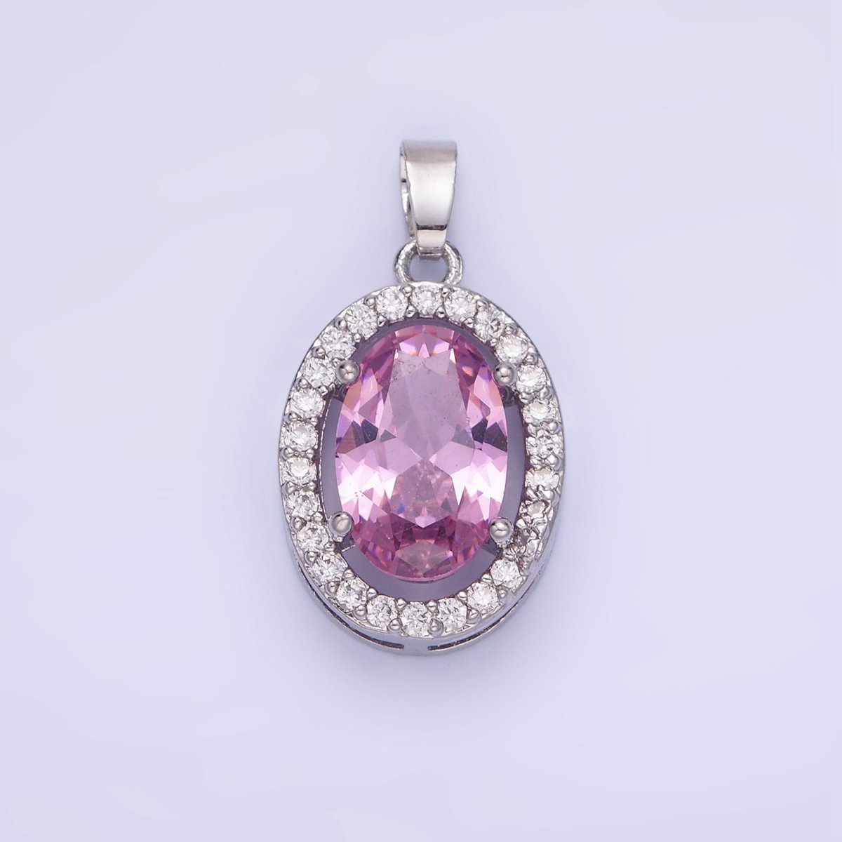 White Gold Filled Pink CZ Oval Micro Paved Pendant | AA1168 - DLUXCA