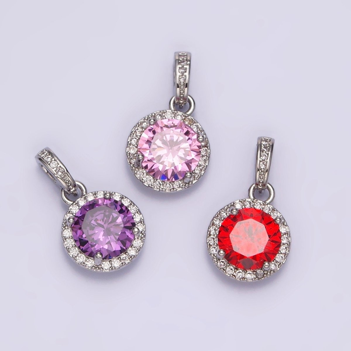 White Gold Filled Pink, Purple, Red Round Micro Paved CZ Bail Pendant | N1813 - N1815 - DLUXCA