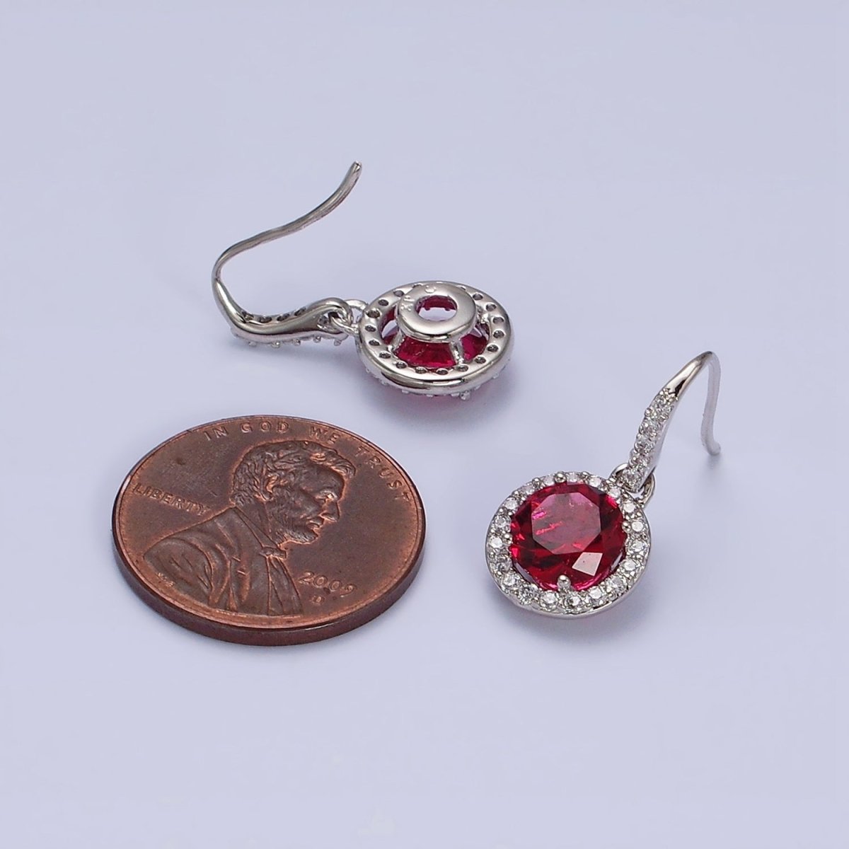 White Gold Filled Red CZ Round Micro Paved CZ French Hook Earrings | AD1524 - DLUXCA