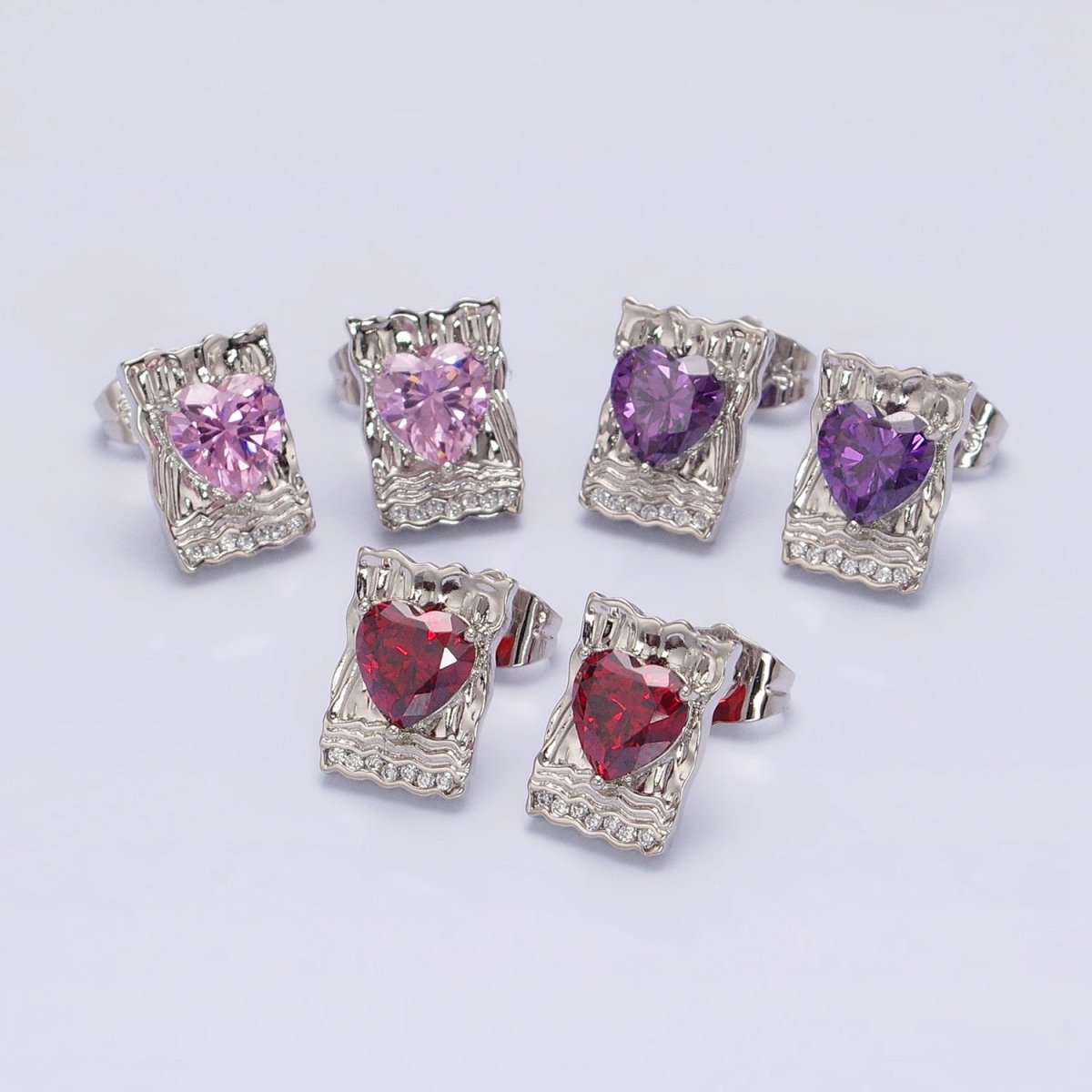 White Gold Filled Red, Purple, Pink Heart CZ Hammered Micro Paved Bar Stud Earrings | AD1412 - AD1414 - DLUXCA