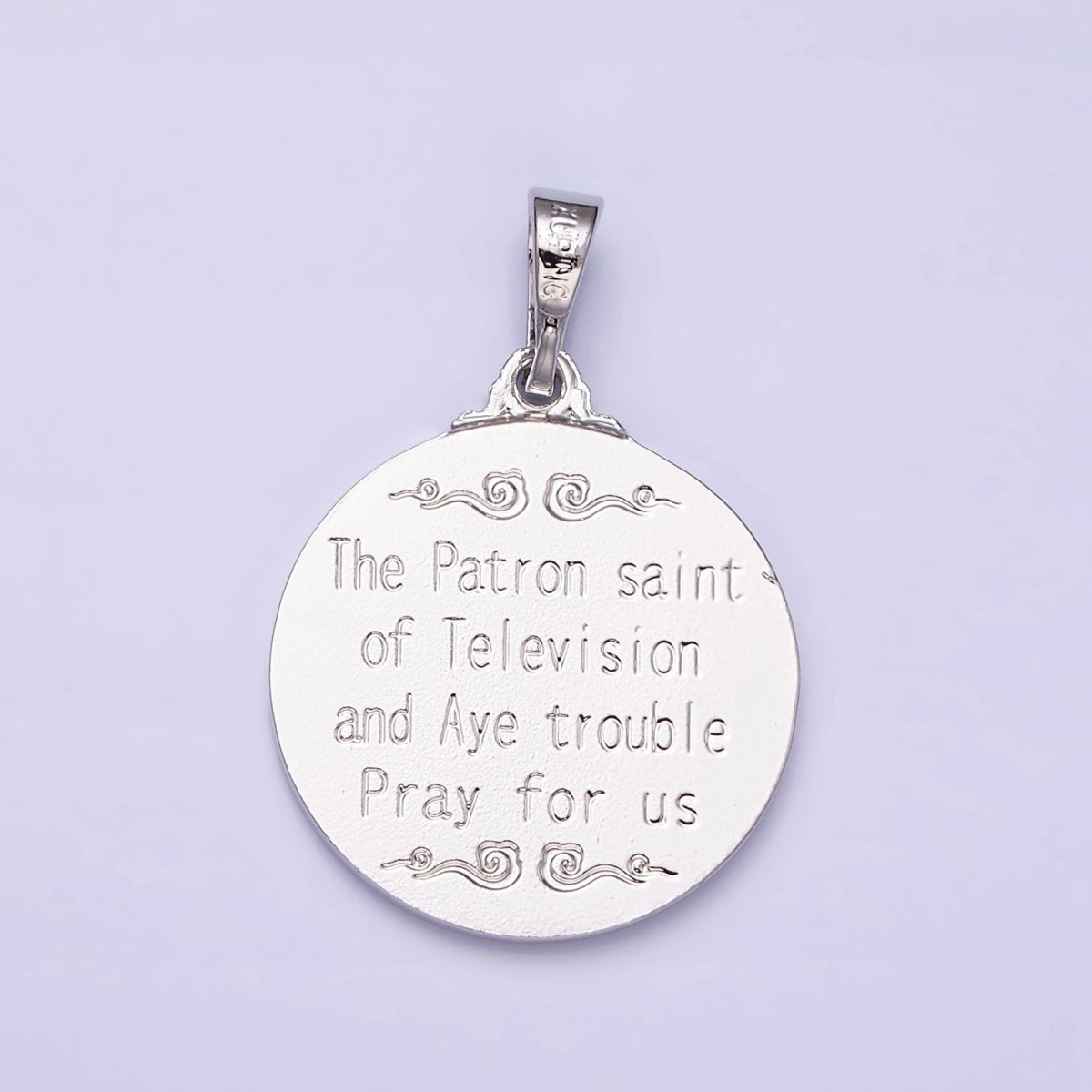 White Gold Filled "SAINT CLARE PRAY FOR US" Double Sided Miracle Prayer Round Pendant | AA519 - DLUXCA