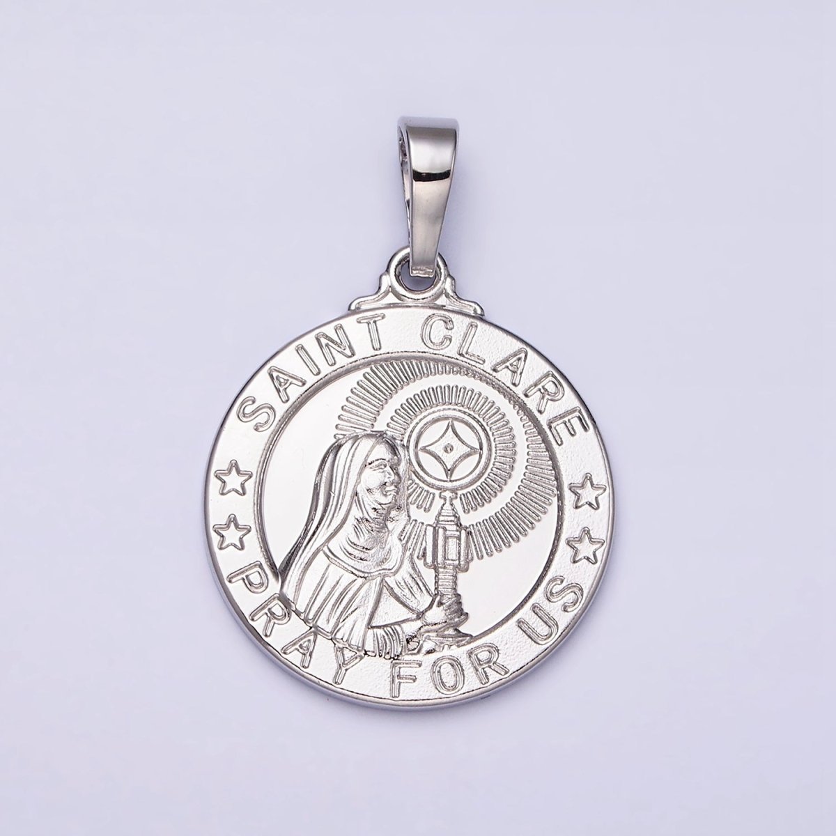 White Gold Filled "SAINT CLARE PRAY FOR US" Double Sided Miracle Prayer Round Pendant | AA519 - DLUXCA