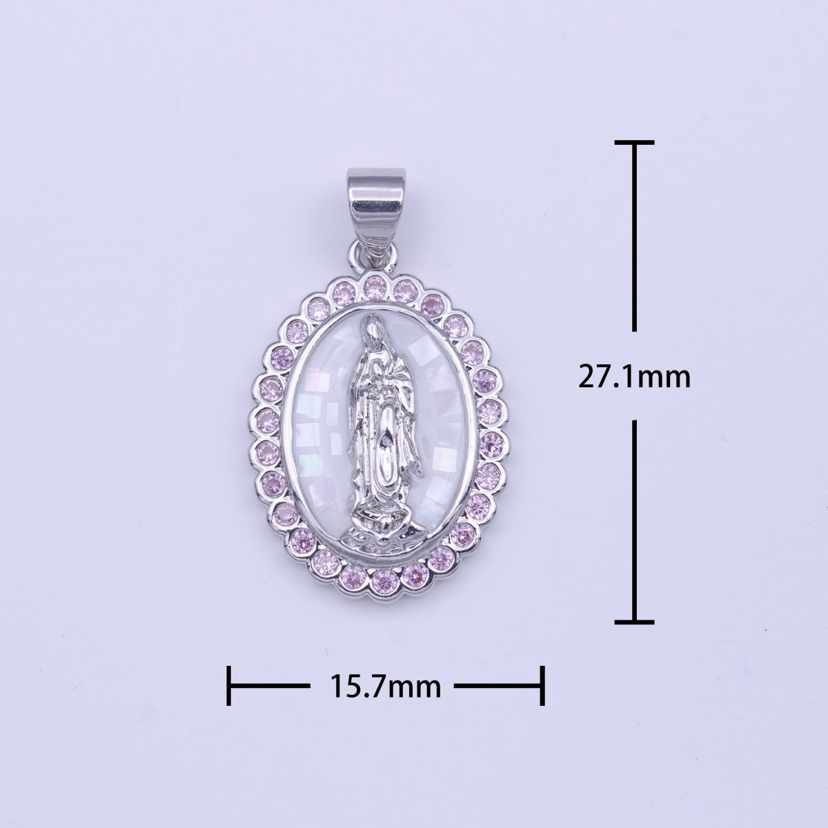 White Gold Filled Shell Opal Miraculous Virgin Mary Pink CZ Outline Silver Pendant H-172 - DLUXCA