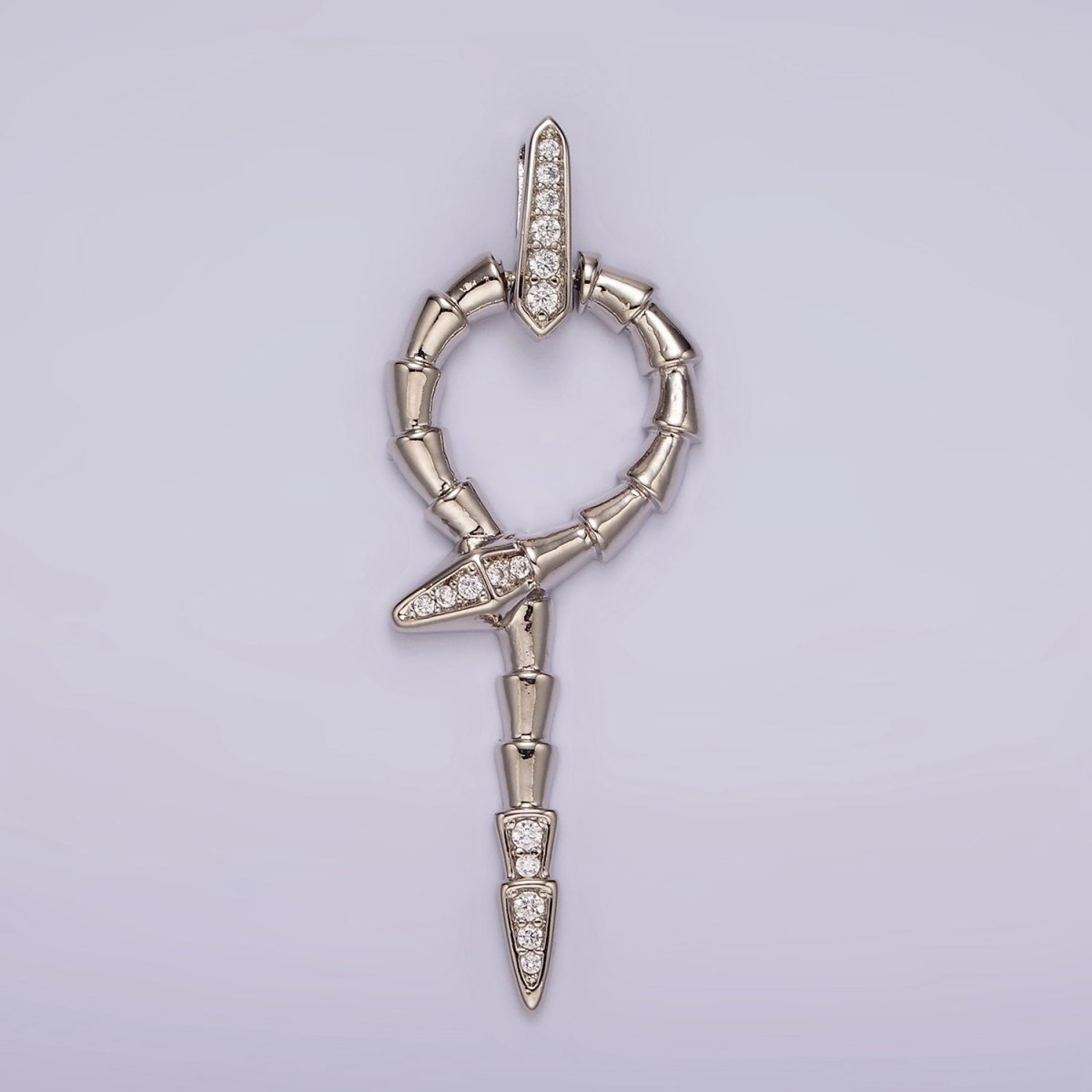 White Gold Filled Snake Serpent Circular Lined Staff Micro Paved Bail Pendant | AA1122 - DLUXCA