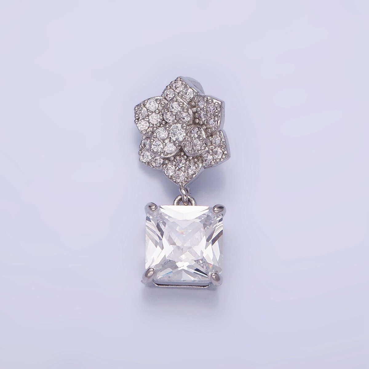 White Gold Filled Square CZ Drop Micro Paved Flower Pendant | AA1169 - DLUXCA