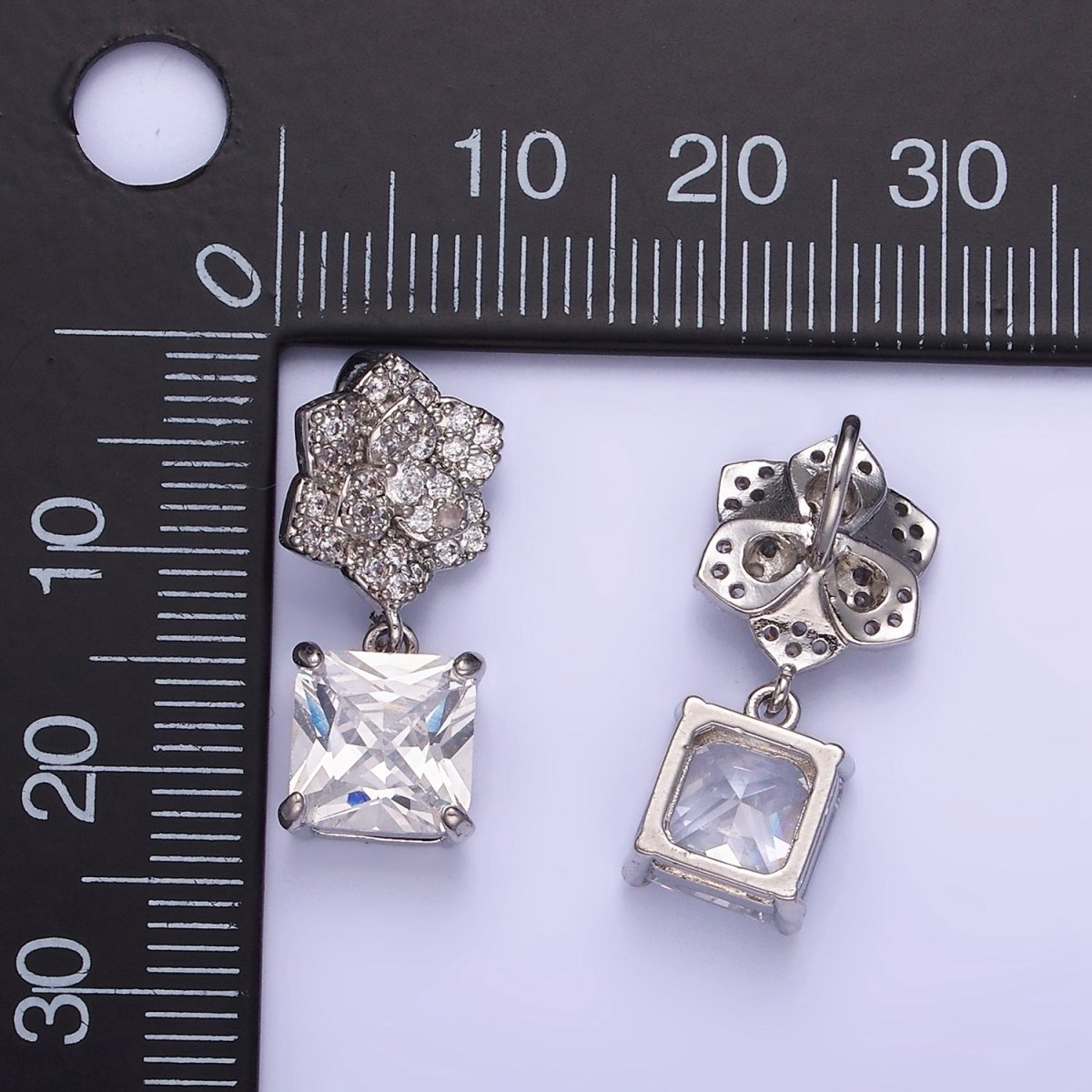White Gold Filled Square CZ Drop Micro Paved Flower Pendant | AA1169 - DLUXCA
