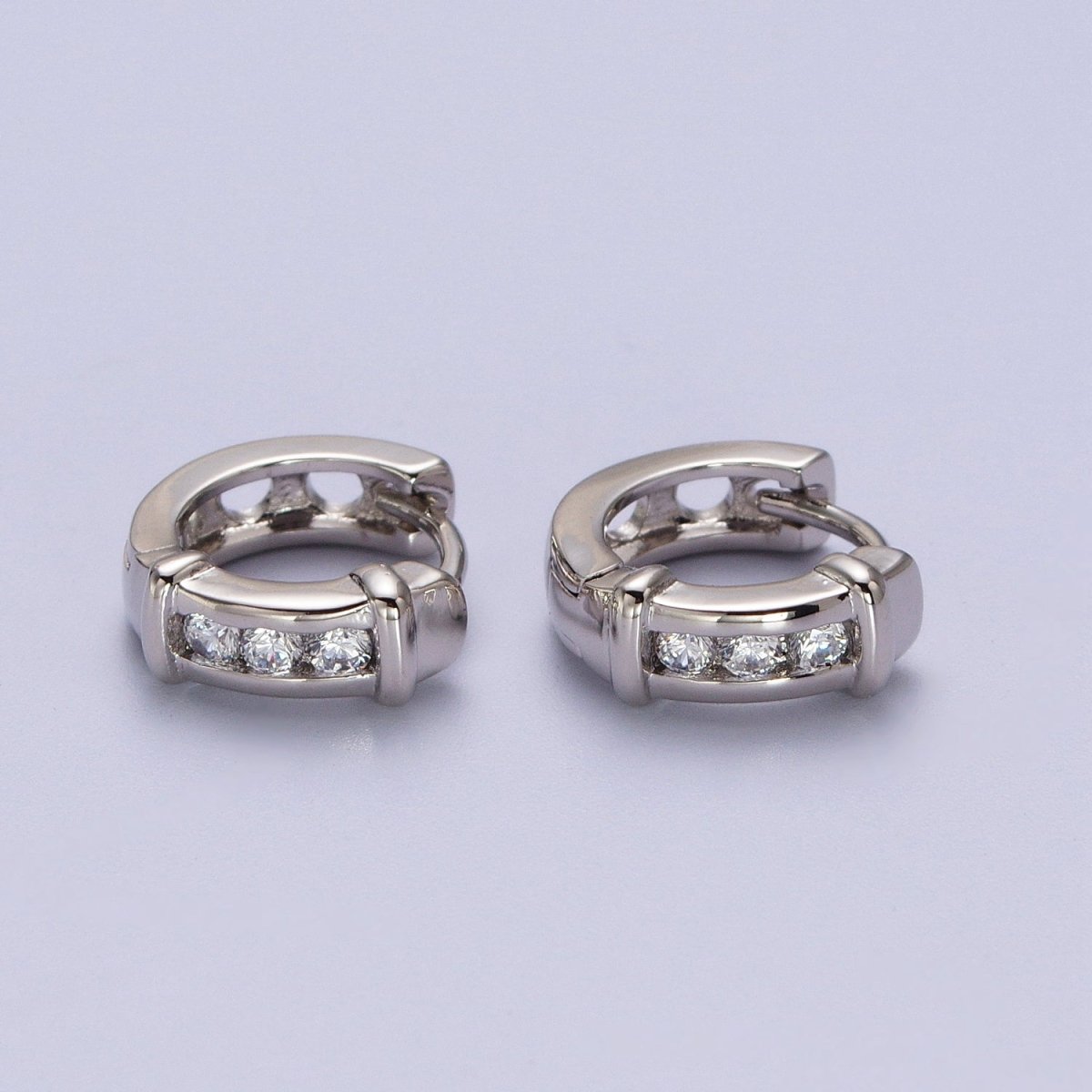 White Gold Filled Three Clear Round CZ Lined Bar Silver Huggie Earrings | AB013 - DLUXCA