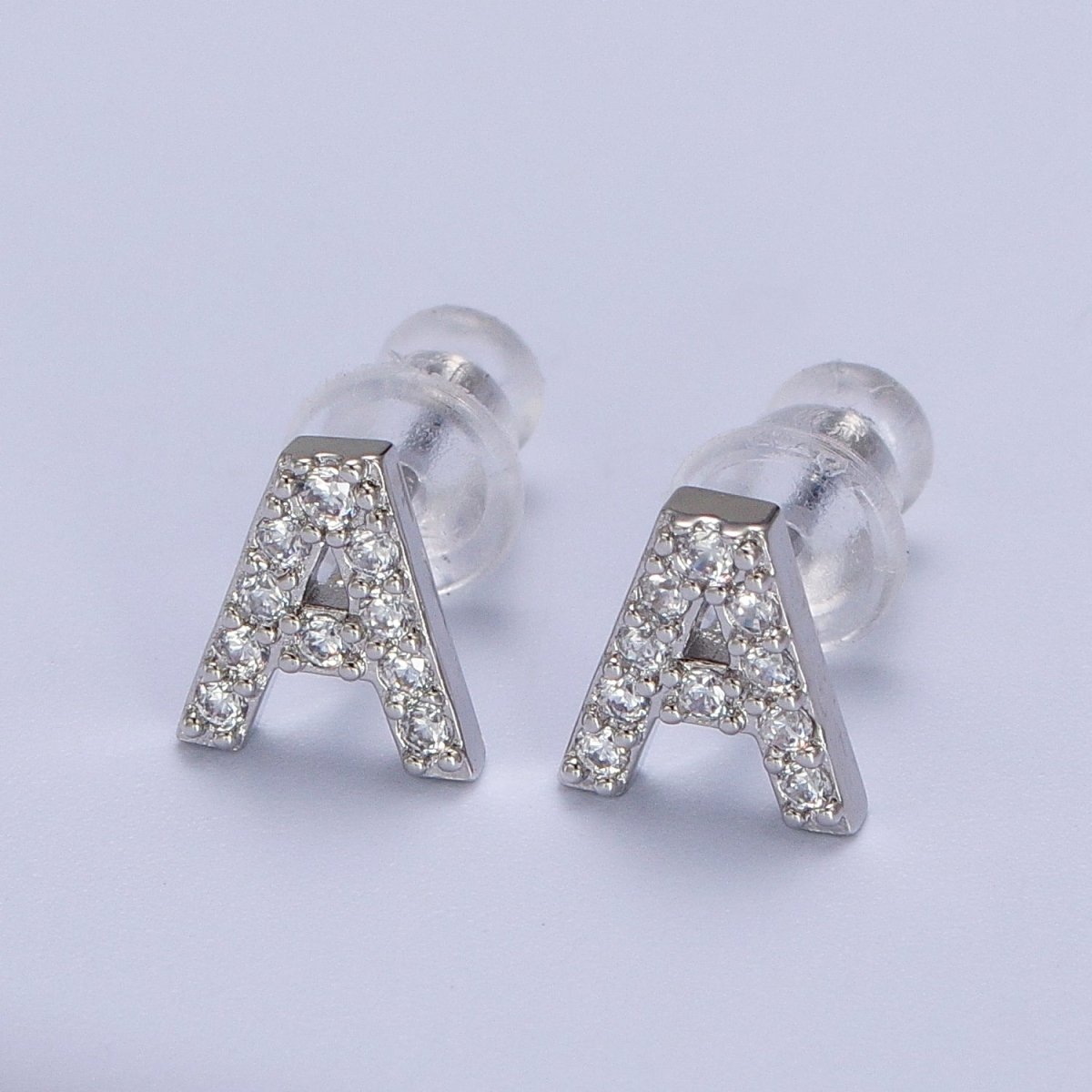 White Gold Filled Tiny Initial Letter Diamond CZ Silver Stud Earrings | Y-120~Y-145 - DLUXCA