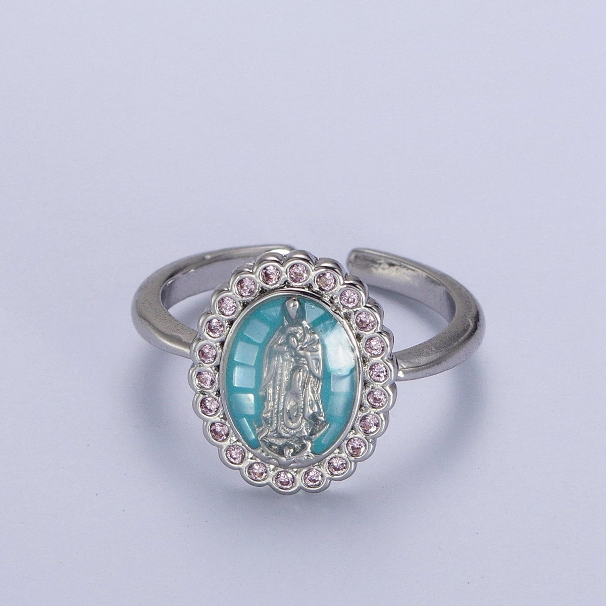 White Gold Filled Virgin Mother Mary White, Green, Pink, Blue, Purple Shell Opal Silver Ring | Y-495 ~ Y-499 - DLUXCA