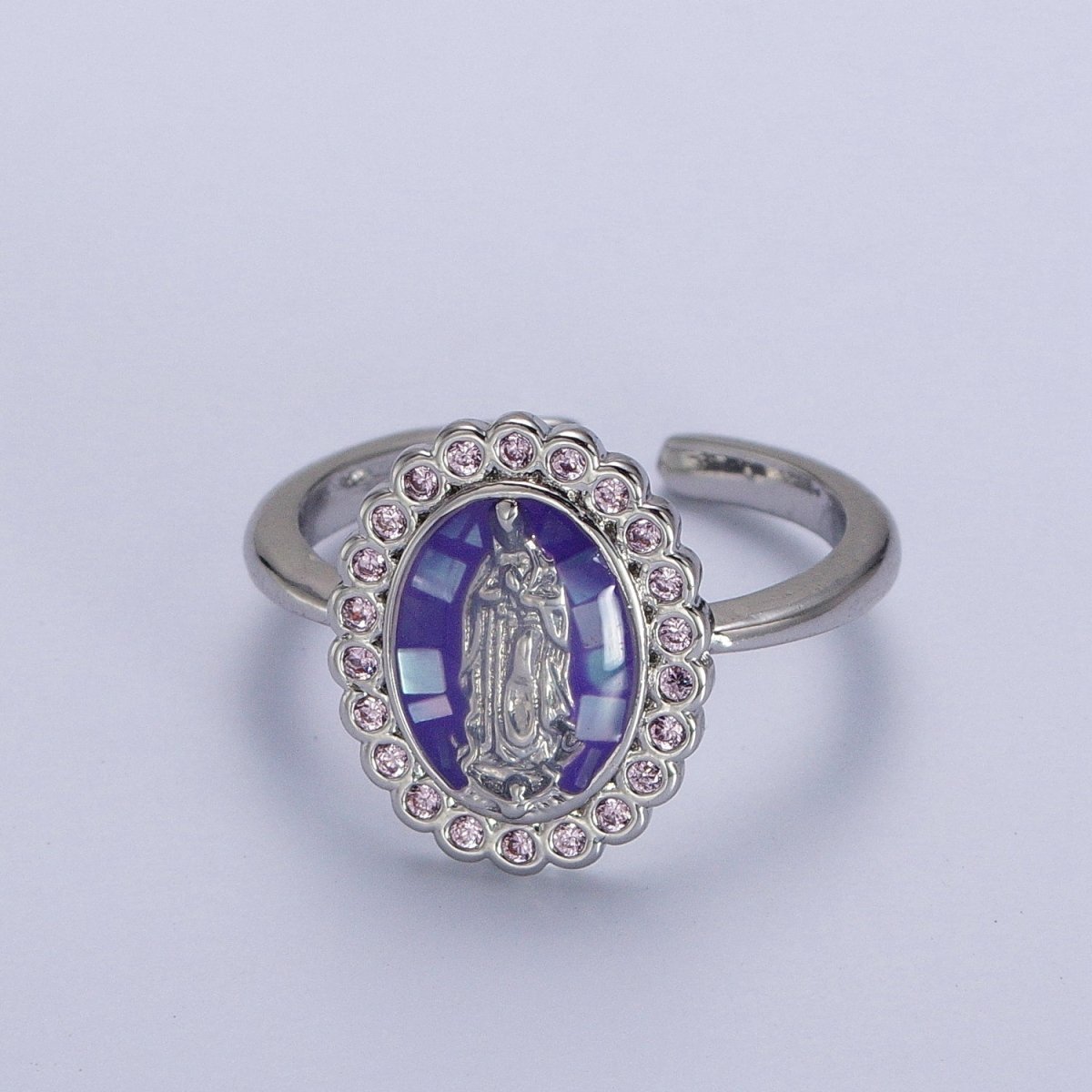 White Gold Filled Virgin Mother Mary White, Green, Pink, Blue, Purple Shell Opal Silver Ring | Y-495 ~ Y-499 - DLUXCA