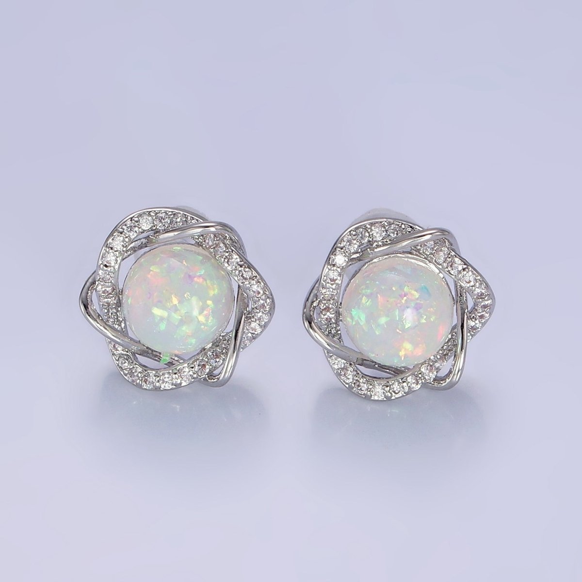 White Opal Curved Micro Paved Band Round Stud Earrings in Gold & Silver | V518 V519 - DLUXCA