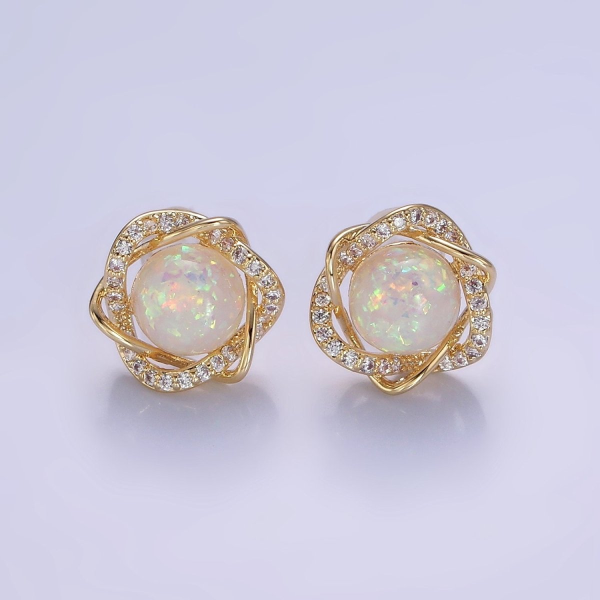 White Opal Curved Micro Paved Band Round Stud Earrings in Gold & Silver | V518 V519 - DLUXCA