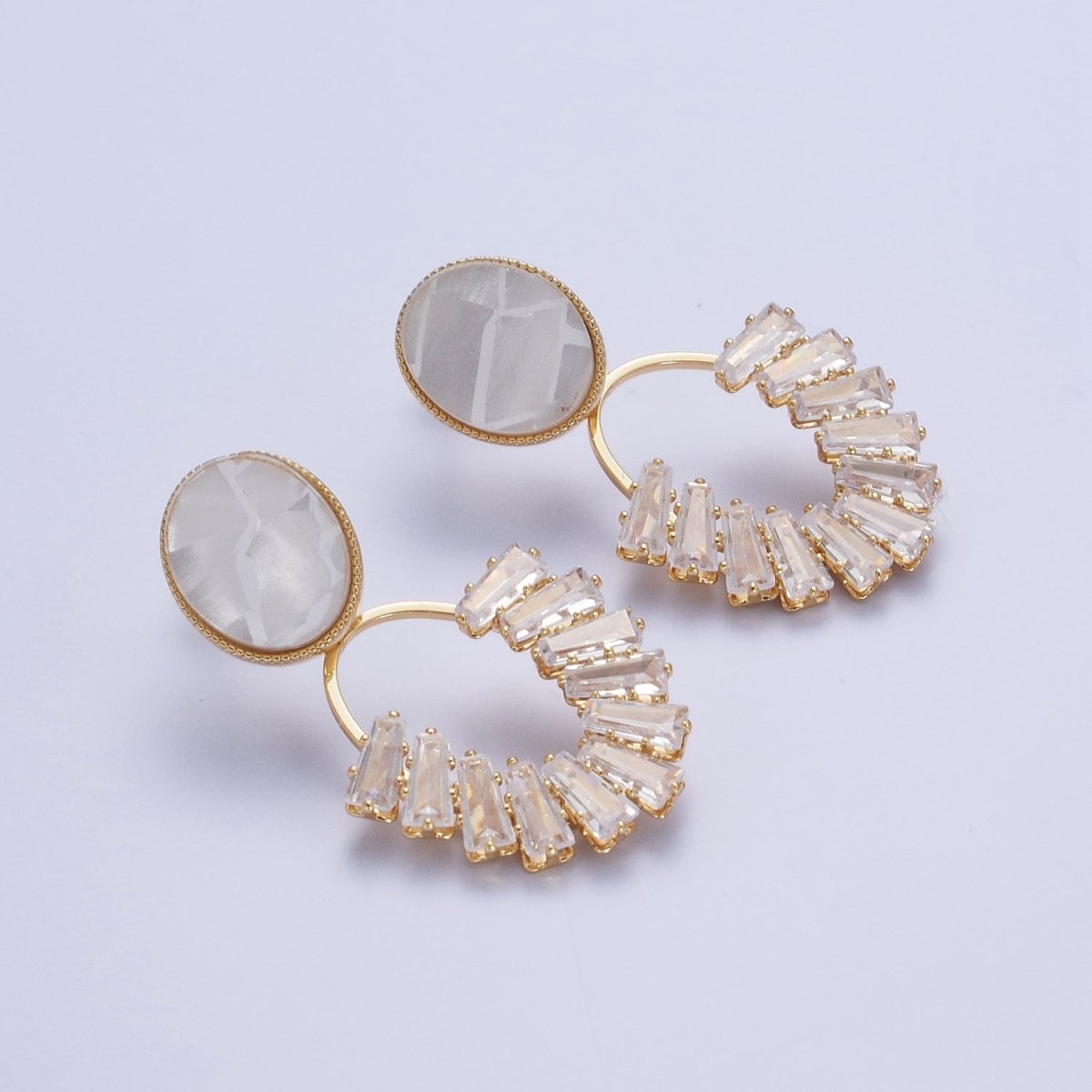 White Opal Oval with Baguette Cubic Zirconia Drop Gold Stud Earrings | X-883 - DLUXCA