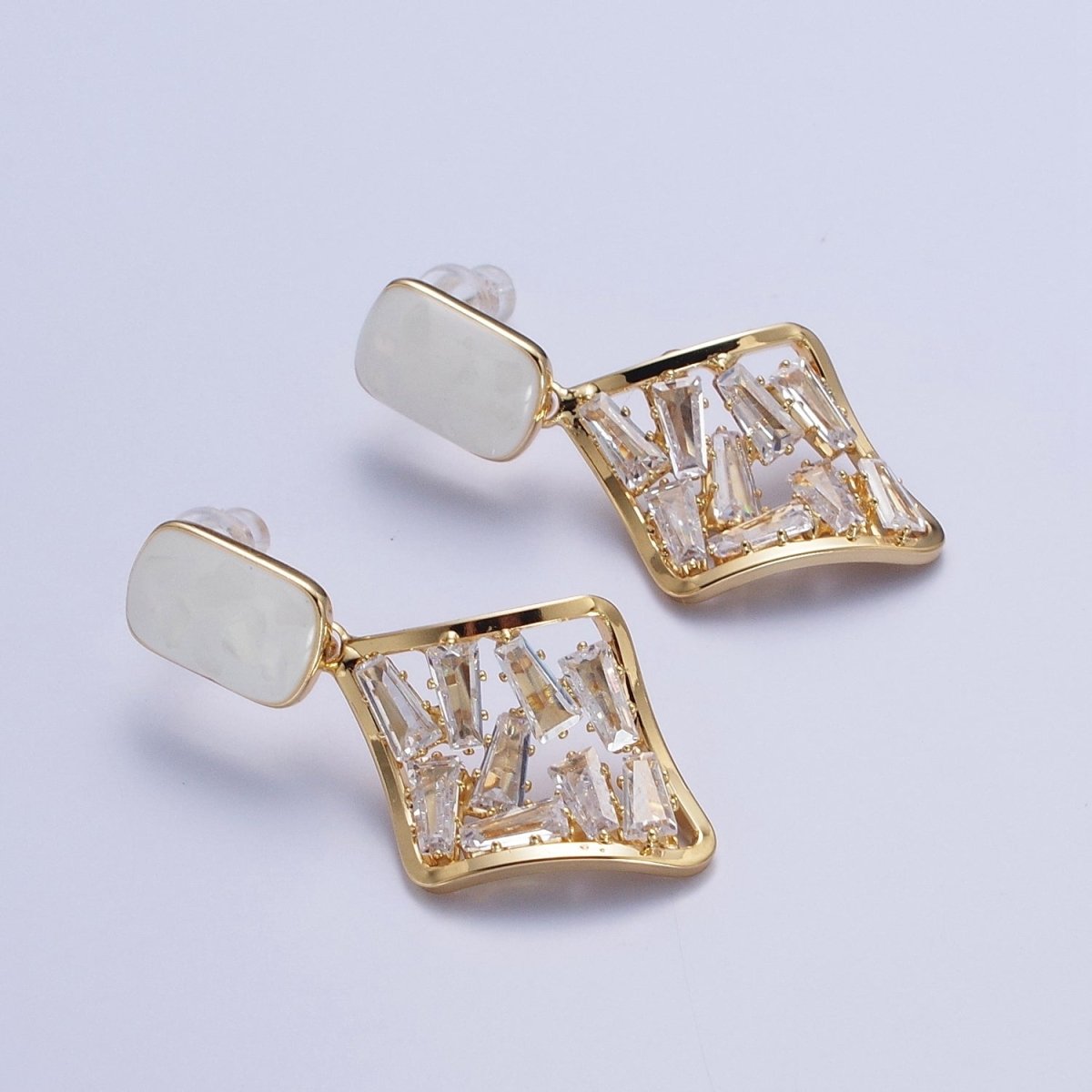 White Opal Squircle with Baguette Cubic Zirconia Rhombus Drop Gold Stud Earrings | X-893 - DLUXCA