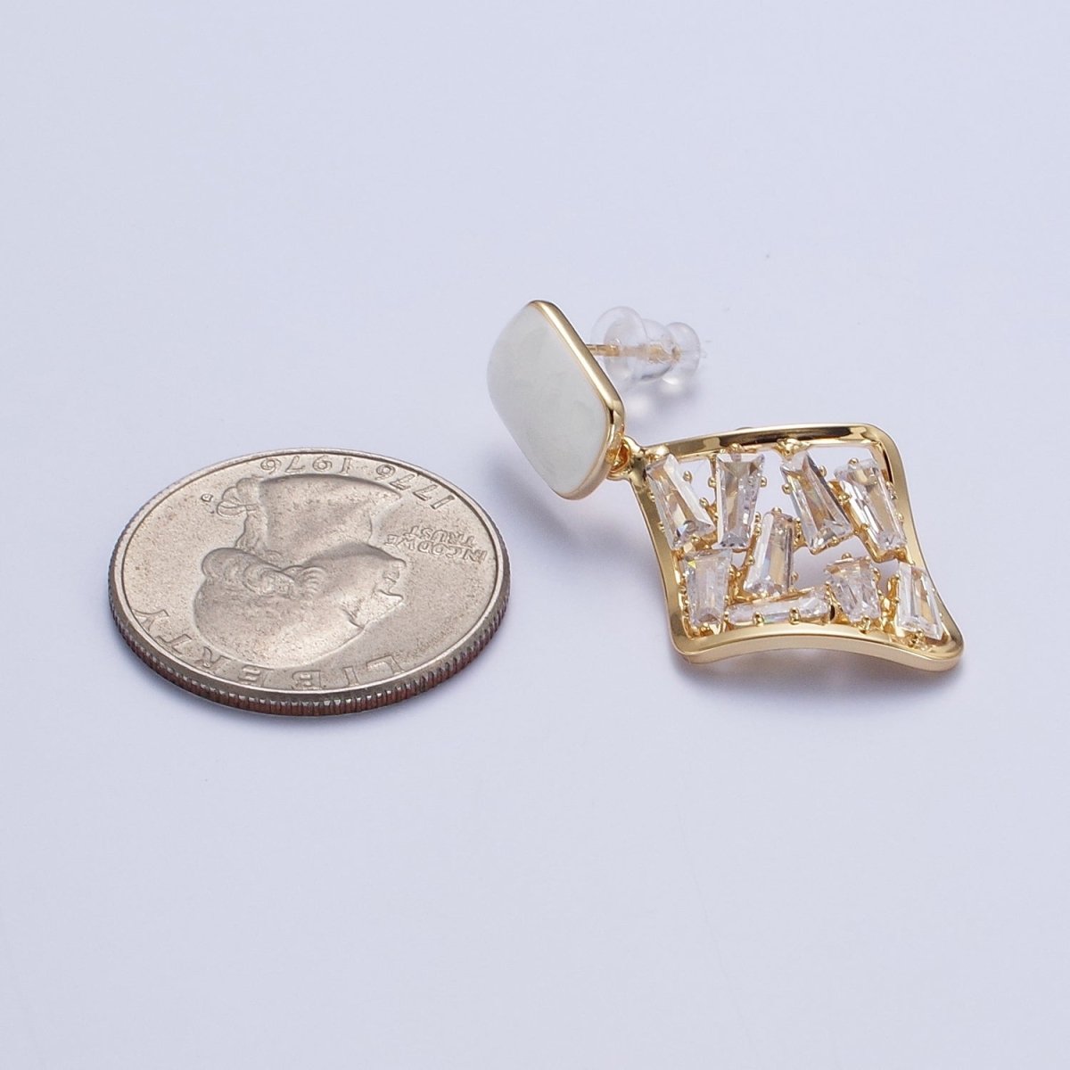 White Opal Squircle with Baguette Cubic Zirconia Rhombus Drop Gold Stud Earrings | X-893 - DLUXCA