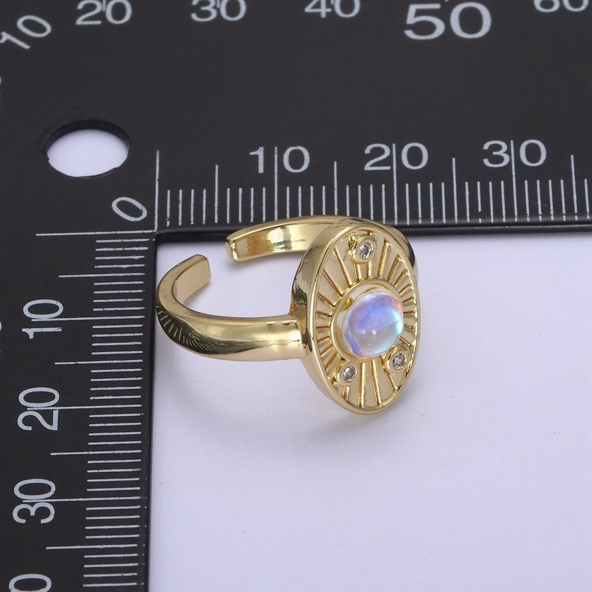 White Opal Sunburst Ring, Clear Crystal Zirconia CZ Oval Radial Adjustable Ring, 24K Gold Filled Statement Ring U-460 - DLUXCA