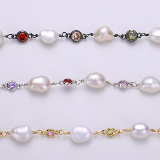 White Pearl Rosary Chain with 5mm Multi Colored CZ Beaded Roll Chain, Gold Silver Gun Metal For Necklace Bracelet Anklet Supply Component, DESIGNED PEARL Chain | ROLL-383, ROLL-384, ROLL-385 Clearance Pricing - DLUXCA
