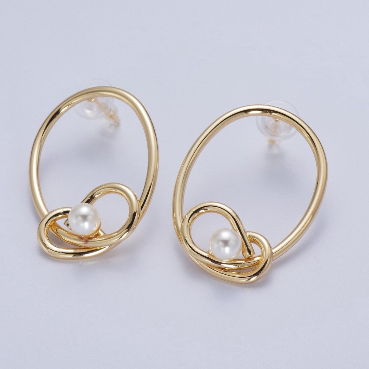 White Pearl Rounded Oval Geometric Bar Gold Stud Statement Earrings | Y-275 - DLUXCA