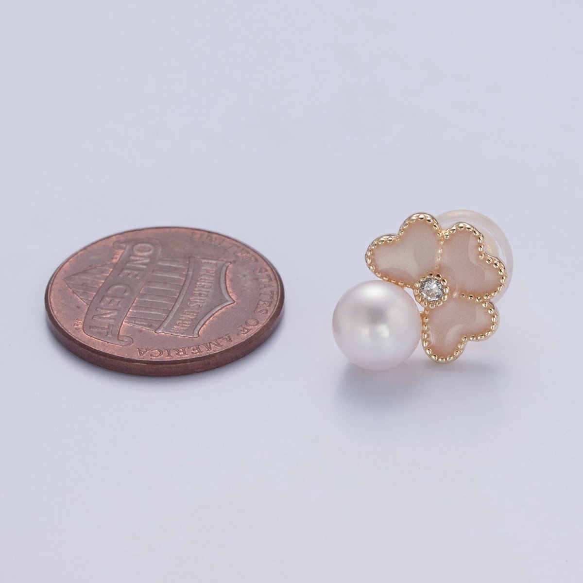 White Pearl Stud Earring with Pink Heart for Wedding Jewelry T-531 - DLUXCA