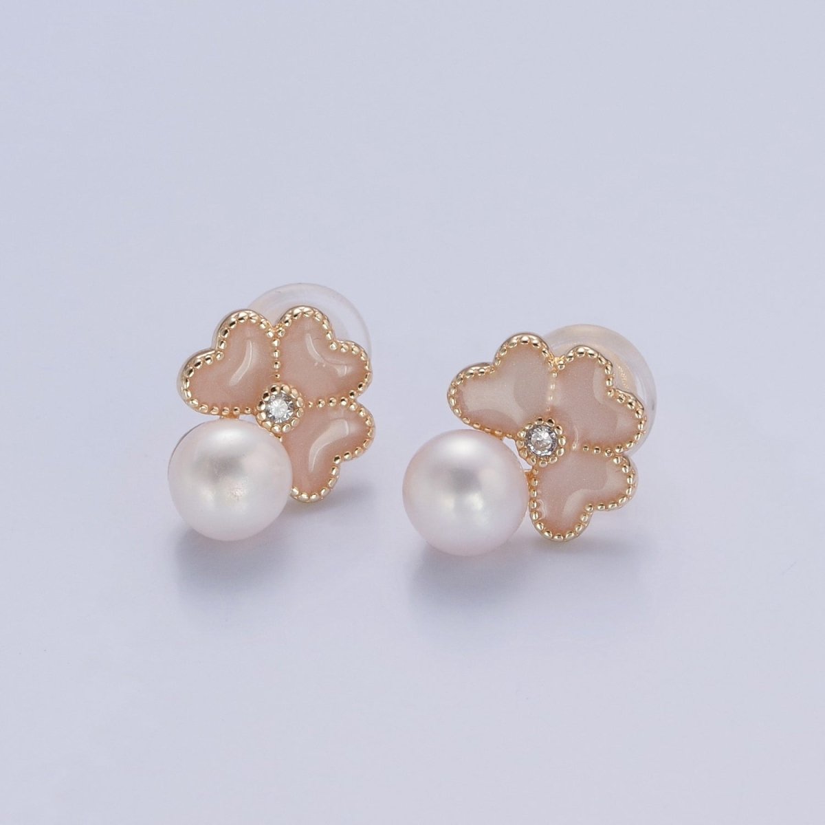 White Pearl Stud Earring with Pink Heart for Wedding Jewelry T-531 - DLUXCA