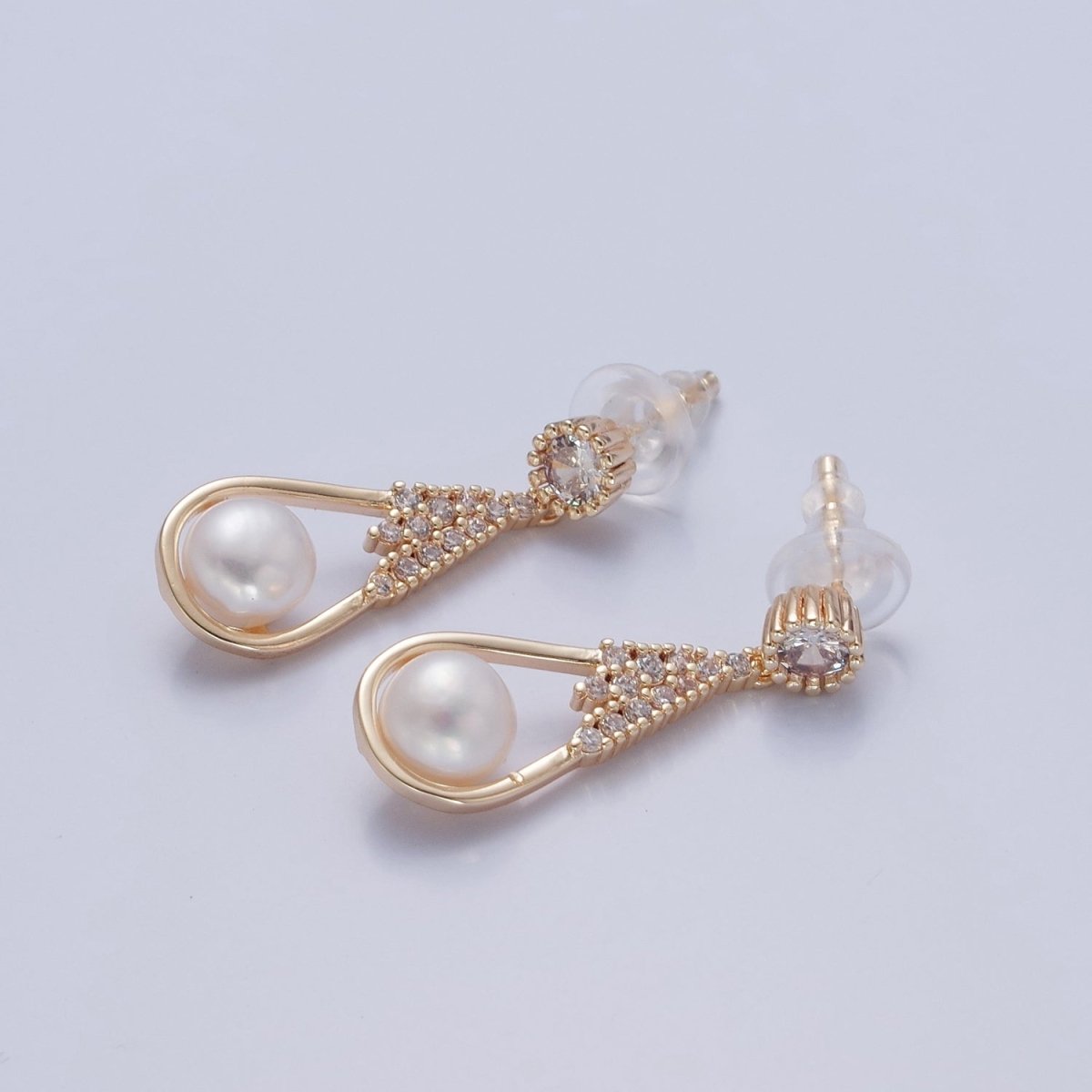 White Pearl Stud Earring with Tear Drop Gold Micro Pave for Wedding Jewelry T-535 - DLUXCA