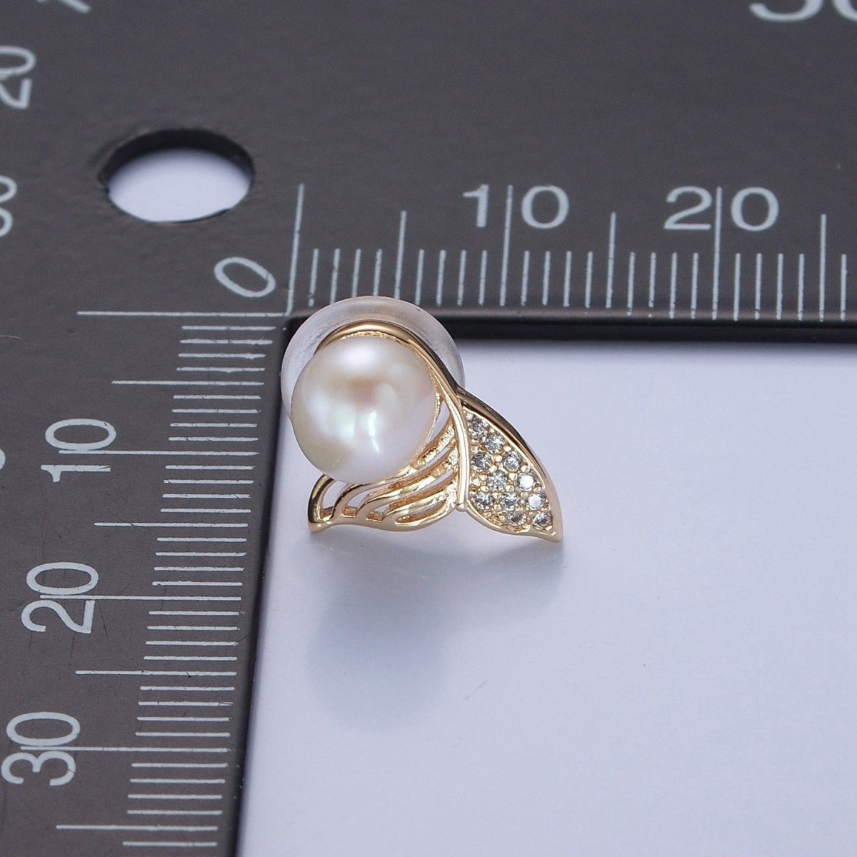 White Pearl with Gold Micro Pave Mermaid Tail Stud Earring V-397 - DLUXCA