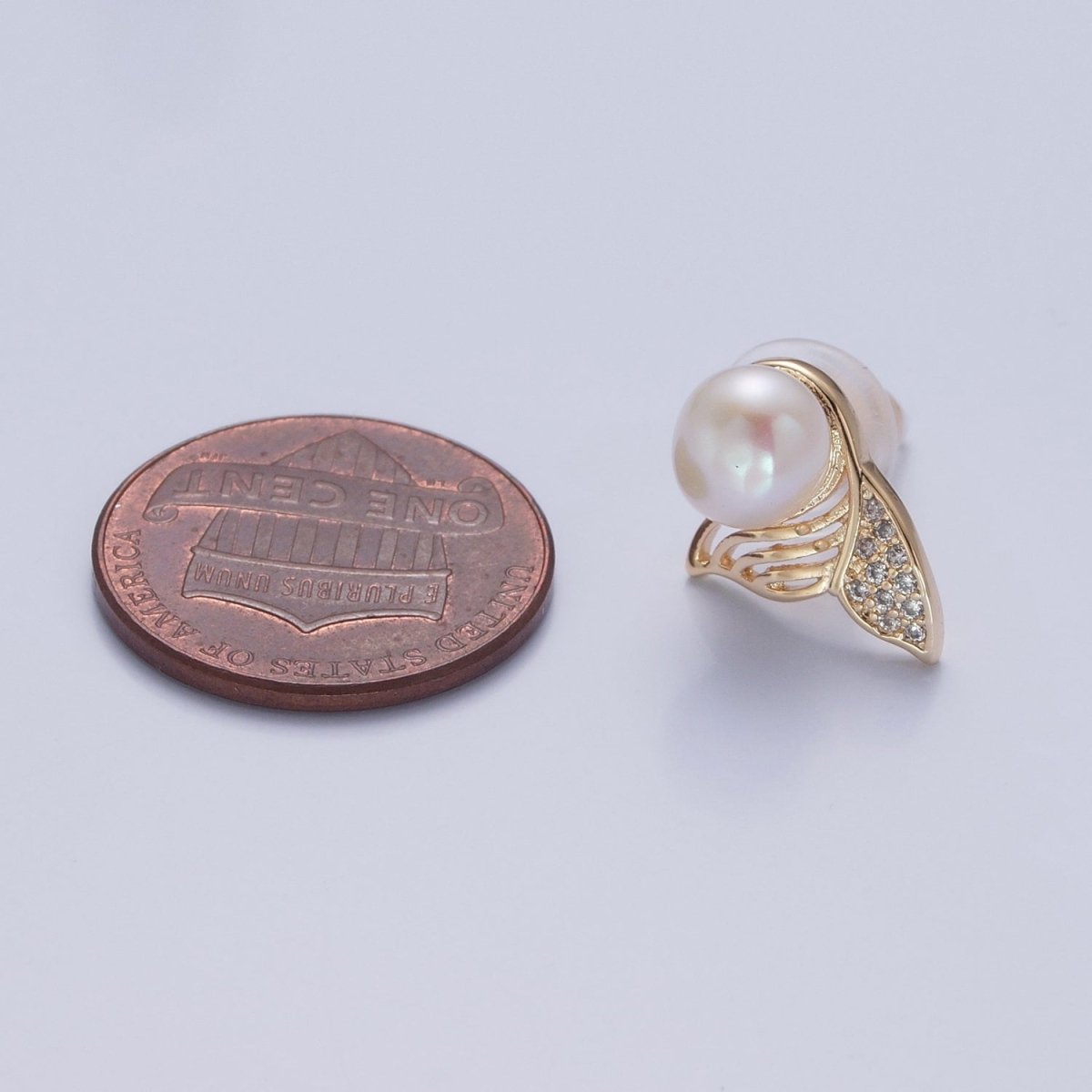 White Pearl with Gold Micro Pave Mermaid Tail Stud Earring V-397 - DLUXCA