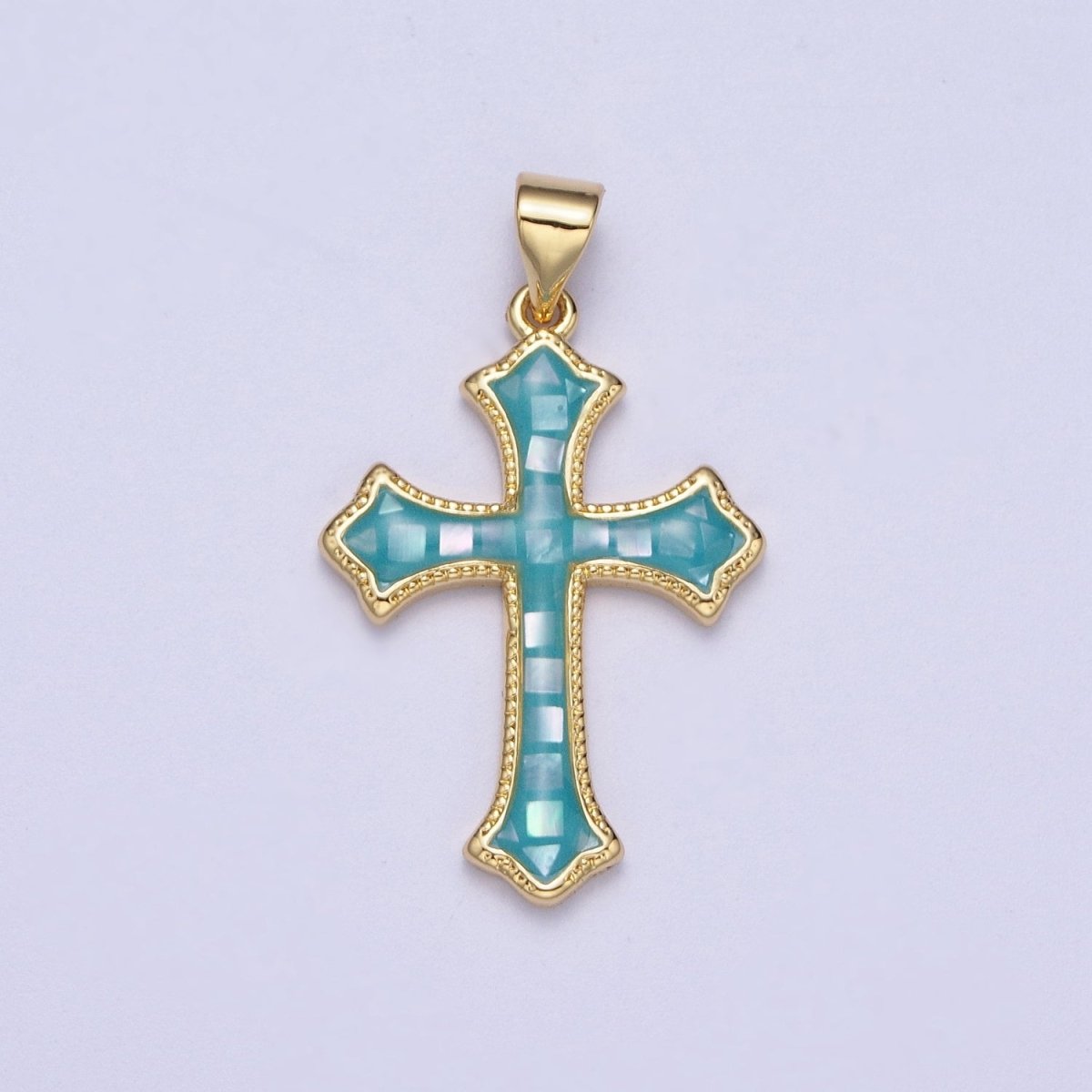 White, Pink, Blue Shell Opal Religious Passion Cross Gold Pendant H-395 H-416 H-433 - DLUXCA