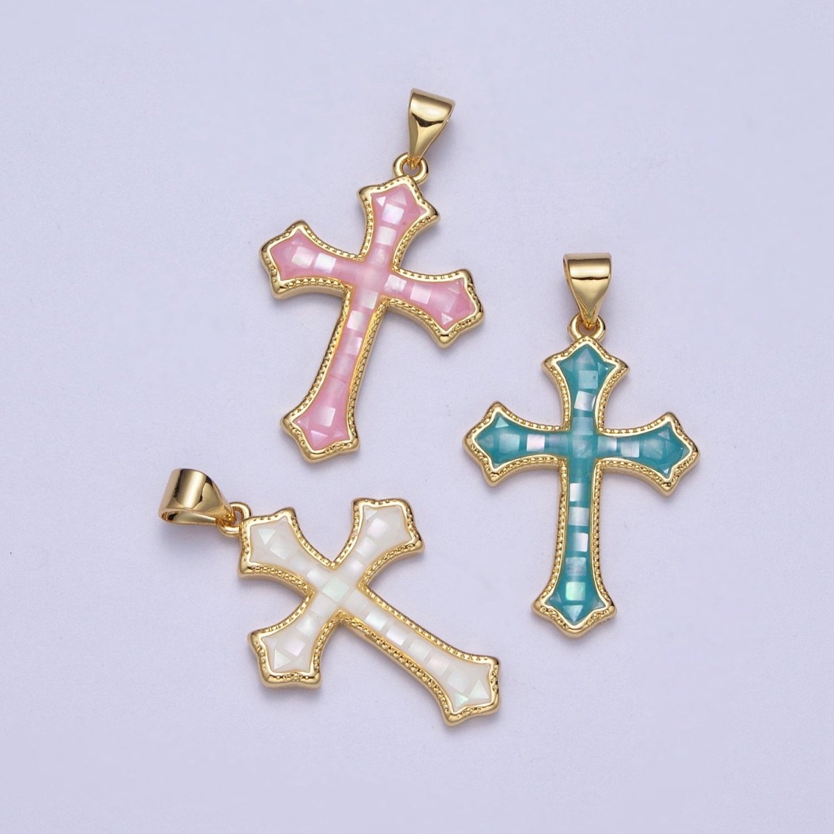 White, Pink, Blue Shell Opal Religious Passion Cross Gold Pendant H-395 H-416 H-433 - DLUXCA
