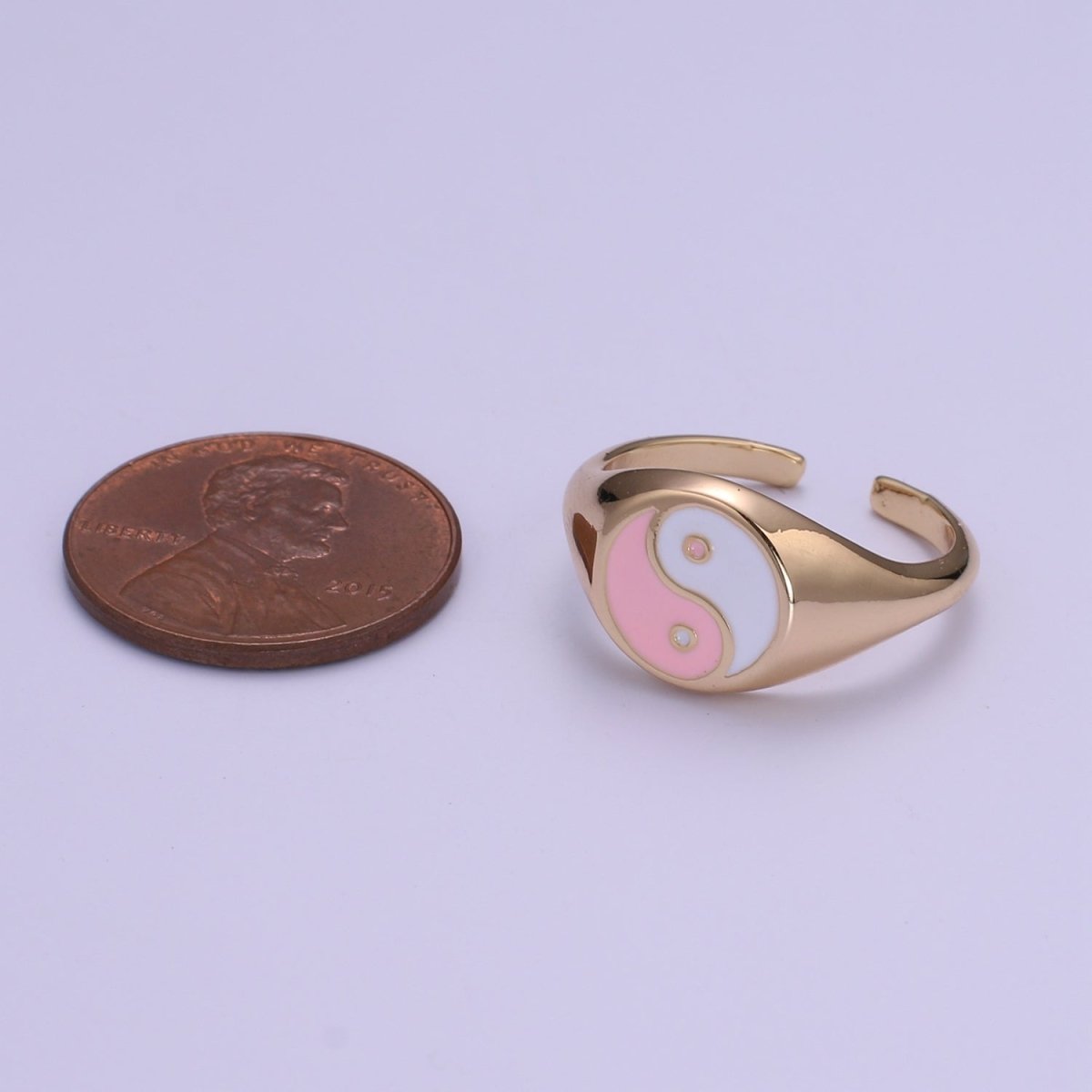 White Pink Yin Yang Gold Filled Adjustable Ring O-330 - DLUXCA