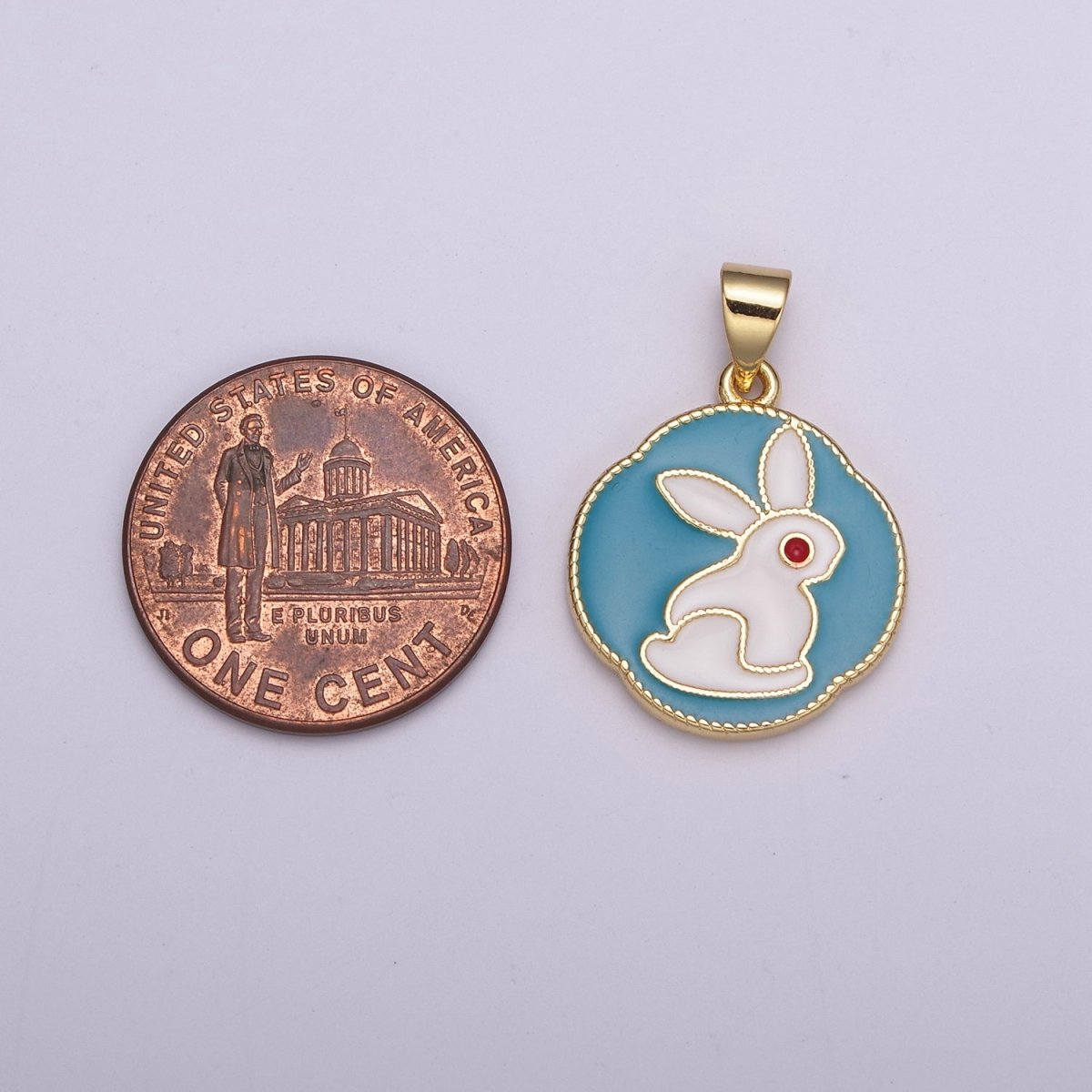 White Rabbit Charm, Hare Charm in Round Coin Disc Charm, Bunny Charm 14k Gold Filled N-517 - DLUXCA