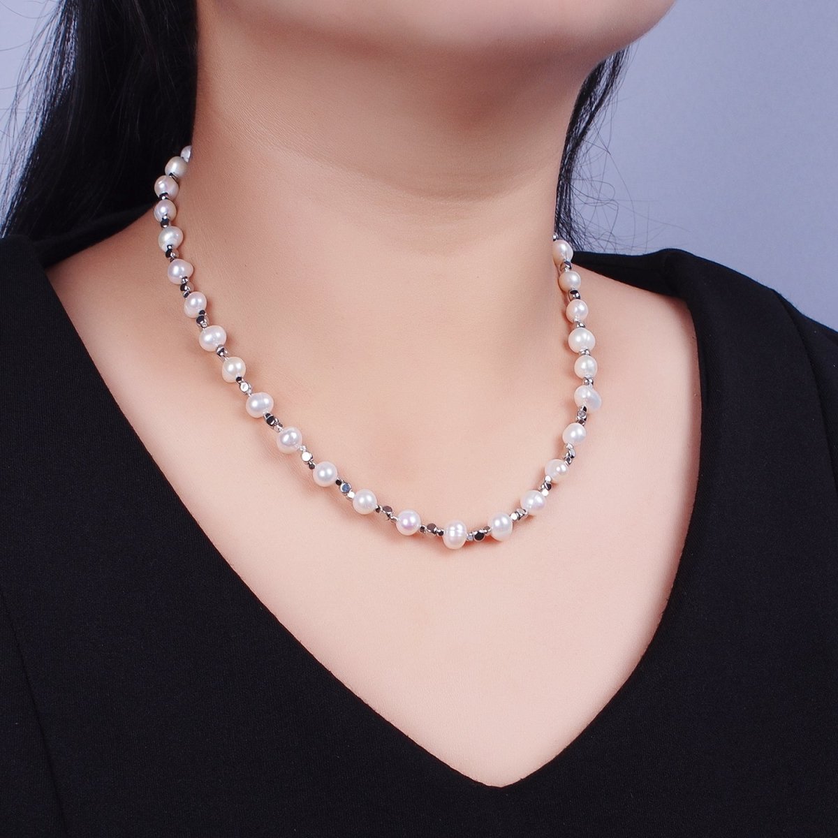 White Shell Pearl Silver Cube Spacer Beads 15.75 Inch Necklace | WA-1421 Clearance Pricing - DLUXCA