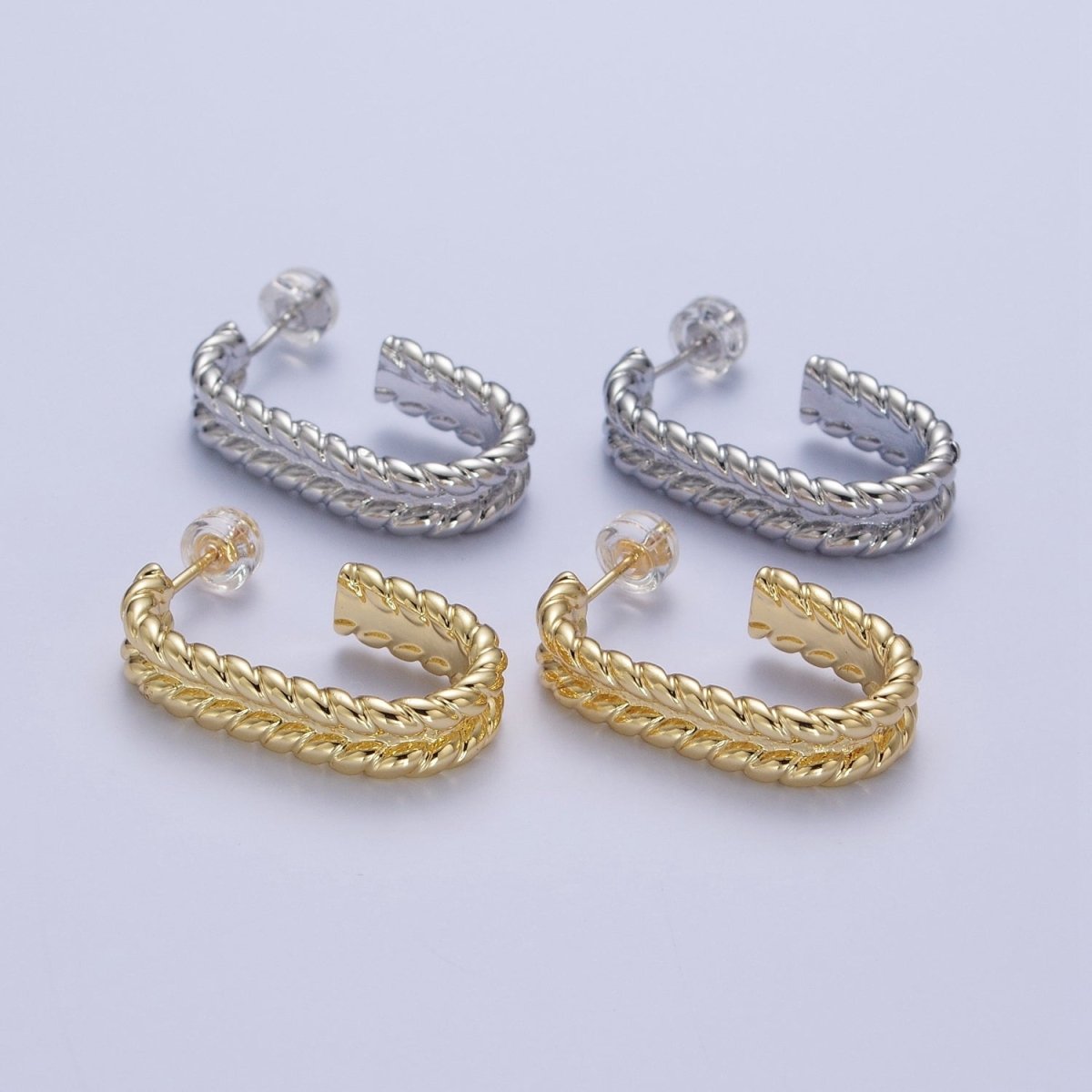 Wide Braided Twist Wheat J Shaped Hoop Stud Earrings in Gold & Silver | X-876 X-877 - DLUXCA