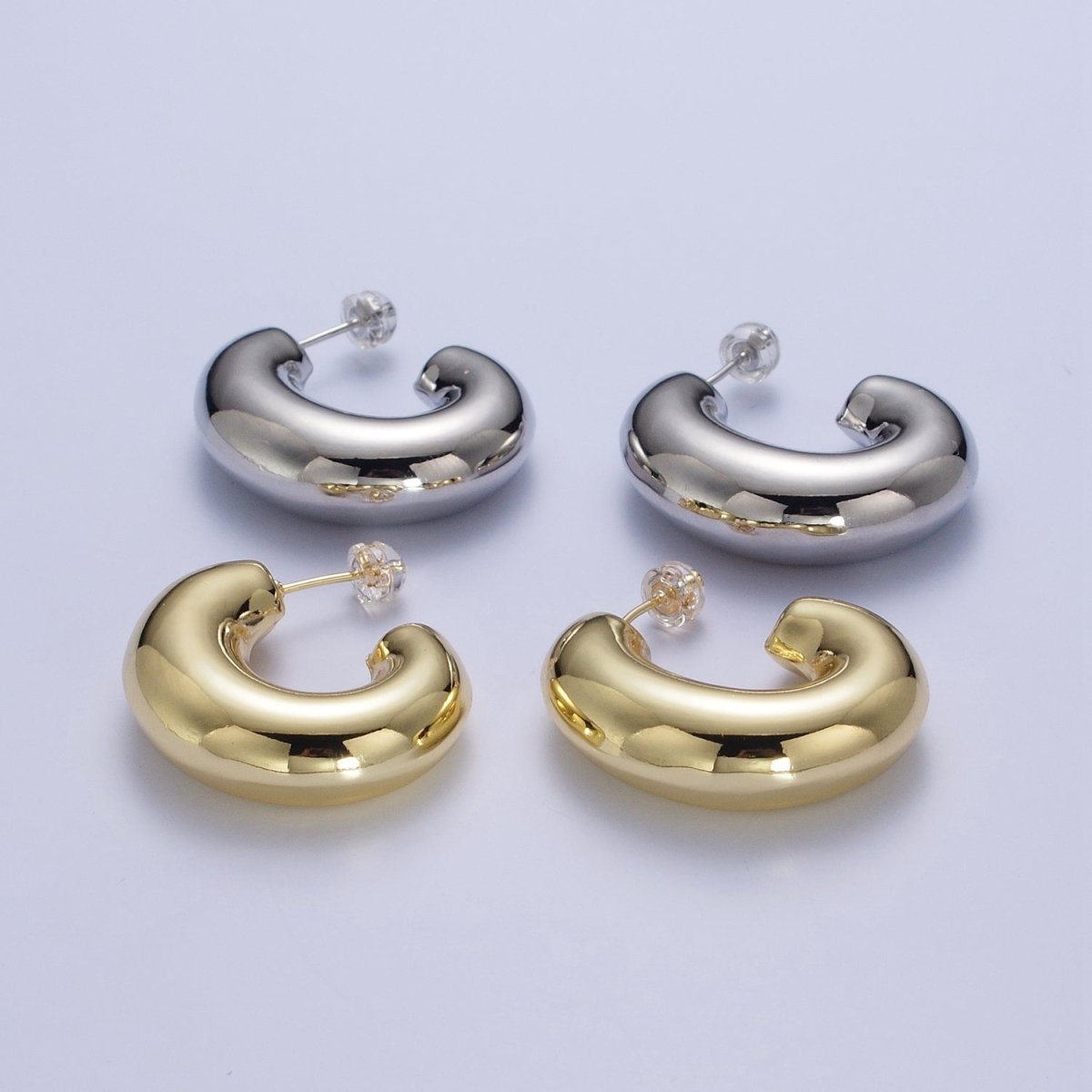 Wide Chubby J Shaped Hoop Stud Geometric Earrings in Gold & Silver | X-881 X-882 - DLUXCA
