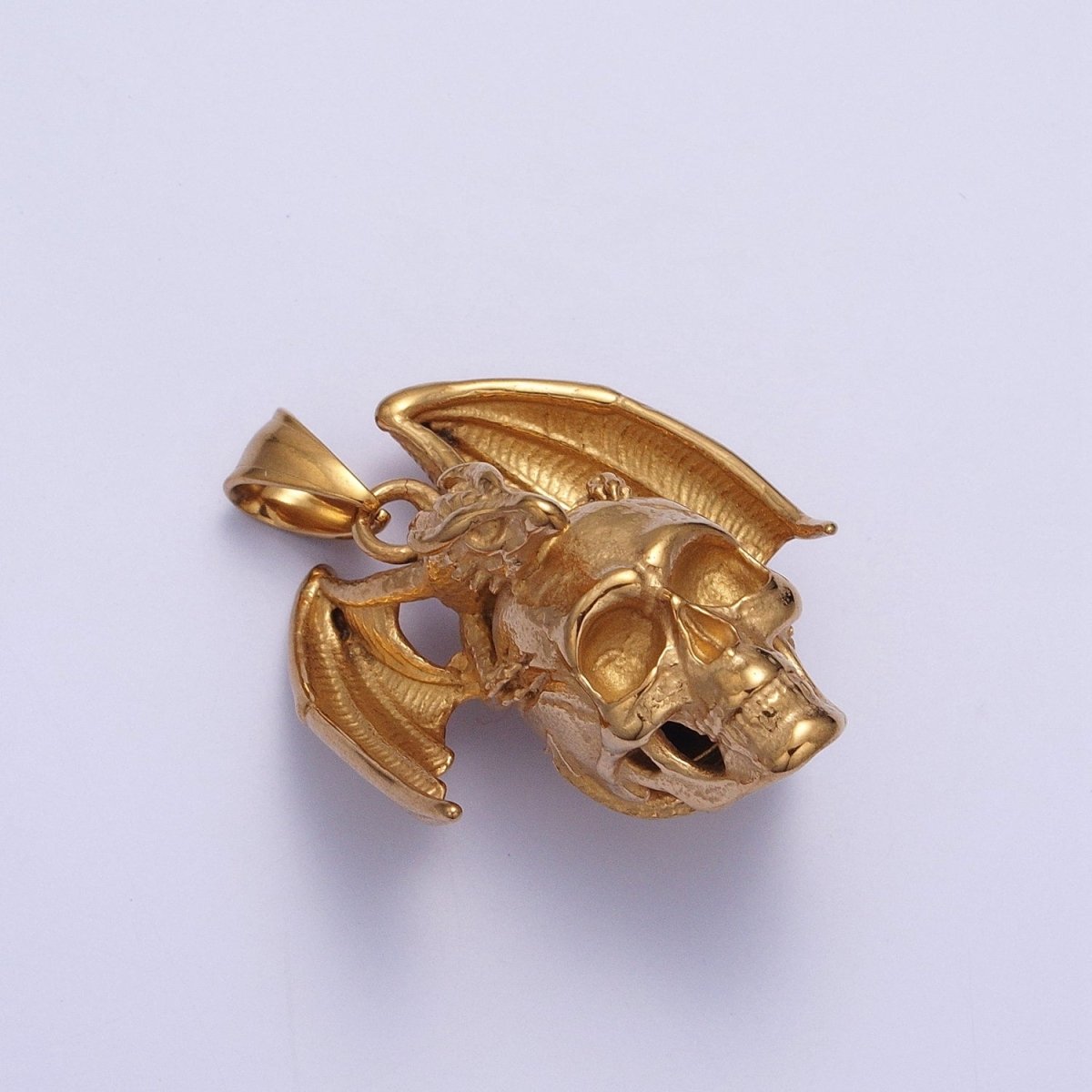 Winged Dragon on Skull Skeleton Stainless Steel Pendant in Gold & Silver | X-667 X-668 - DLUXCA