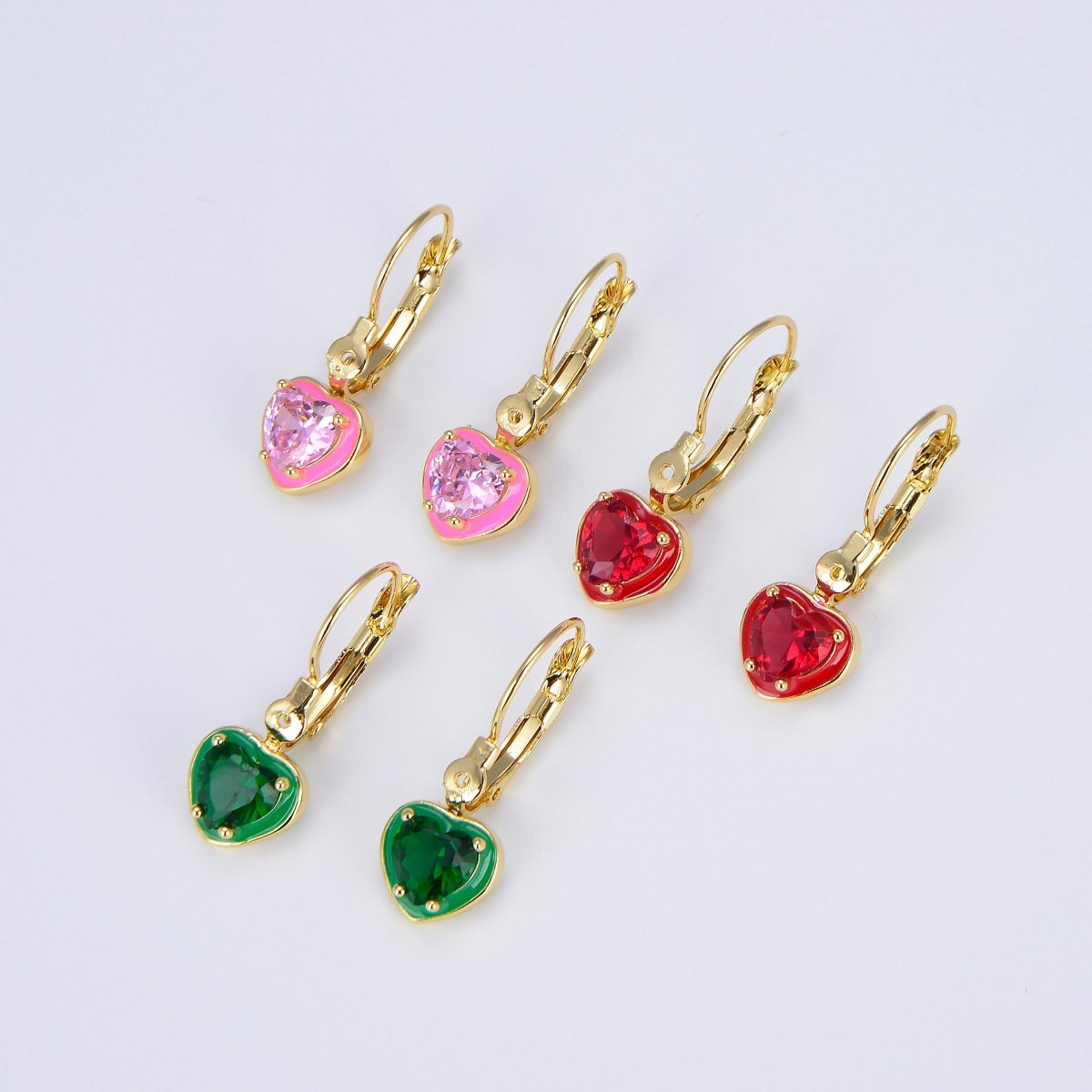 Women Heart Crystals Earrings Drop Dangle Lever Back Hoop Earrings for Girl Green Red Pink Cubic Stone for everyday Wear P-103 P-104 P-105 - DLUXCA