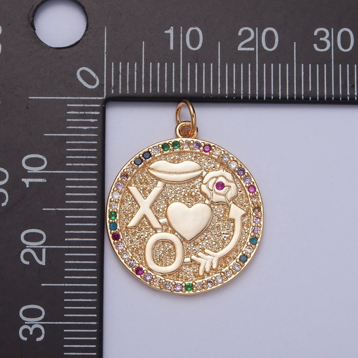 XO Kisses Love Roses Arrow Micro Paved Multicolor CZ Gold Round Medallion Charm | X-248 - DLUXCA