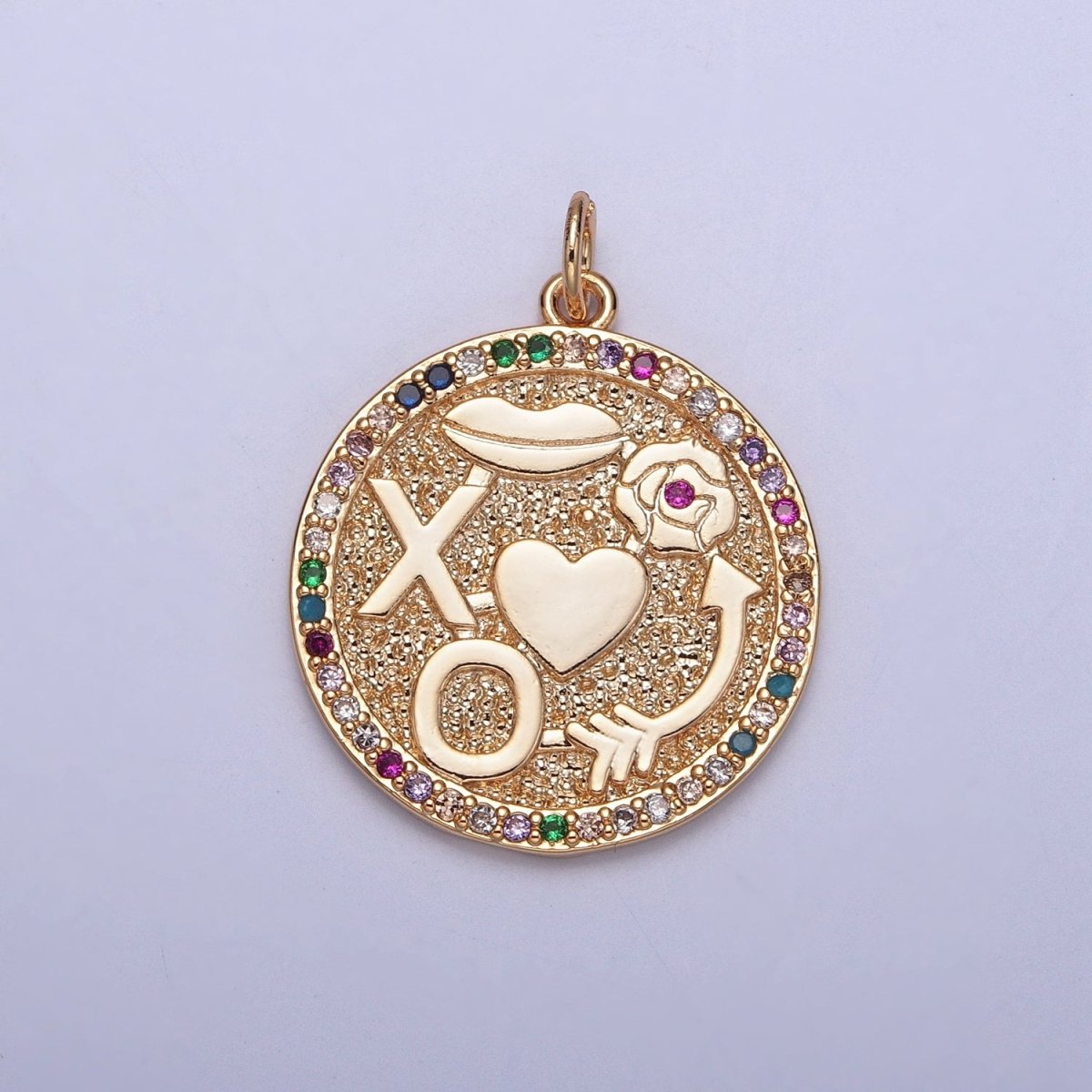 XO Kisses Love Roses Arrow Micro Paved Multicolor CZ Gold Round Medallion Charm | X-248 - DLUXCA