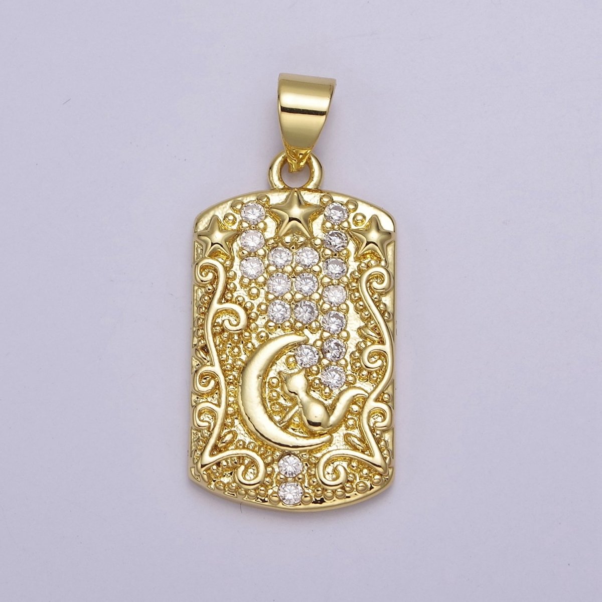 Yellow Gold Tag Pendant Crescent Moon With Cat Charm For Dangle Pendant Necklace J-320 - DLUXCA