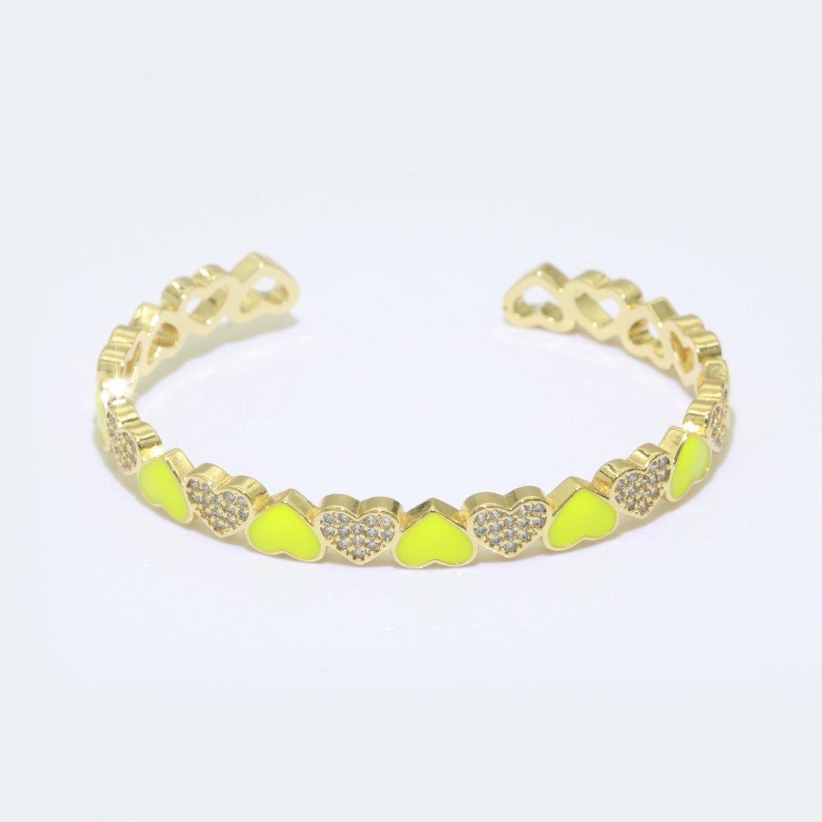 Yellow Heart Enamel 14k Gold Filled Adjustable Bangle, Gold Cuff Bangle Bracelet Micro Pave Jewelry - DLUXCA
