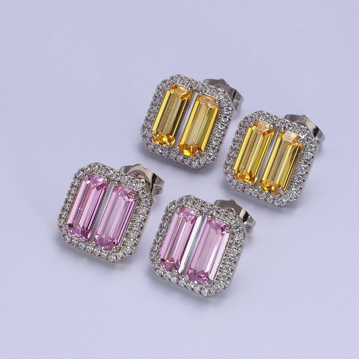 Yellow, Pink Double Baguette Micro Paved CZ Silver Stud Earrings | AB220 AB221 - DLUXCA