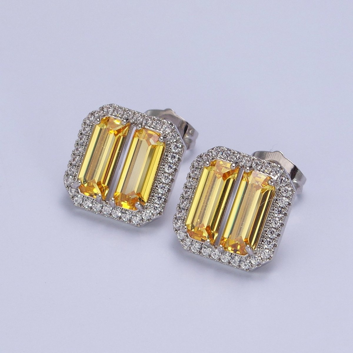 Yellow, Pink Double Baguette Micro Paved CZ Silver Stud Earrings | AB220 AB221 - DLUXCA